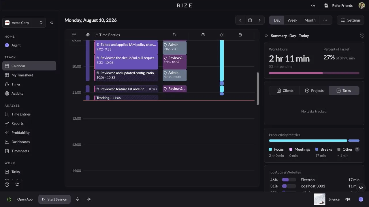 Rize calendar timeline with draggable time entries