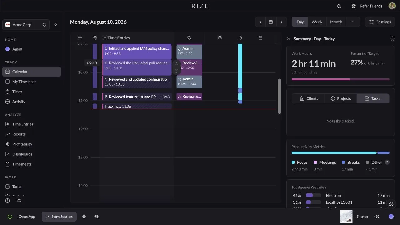 Rize timeline time entry hover state for drag editing