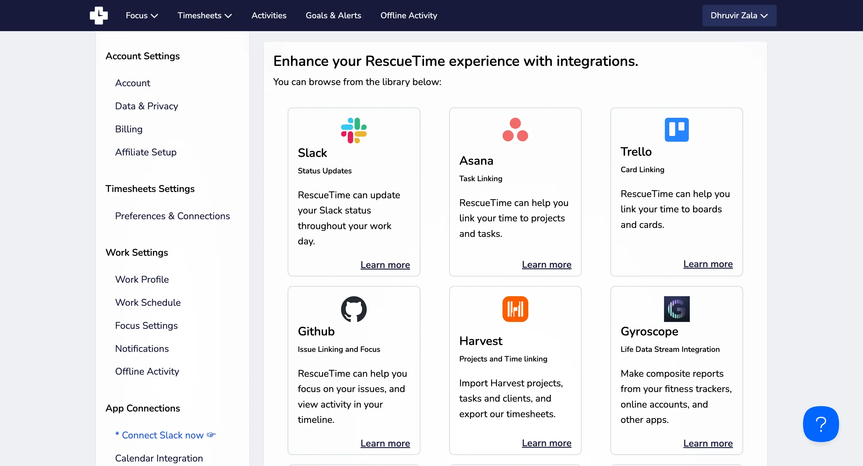 RescueTime's integrations page showing available connections
