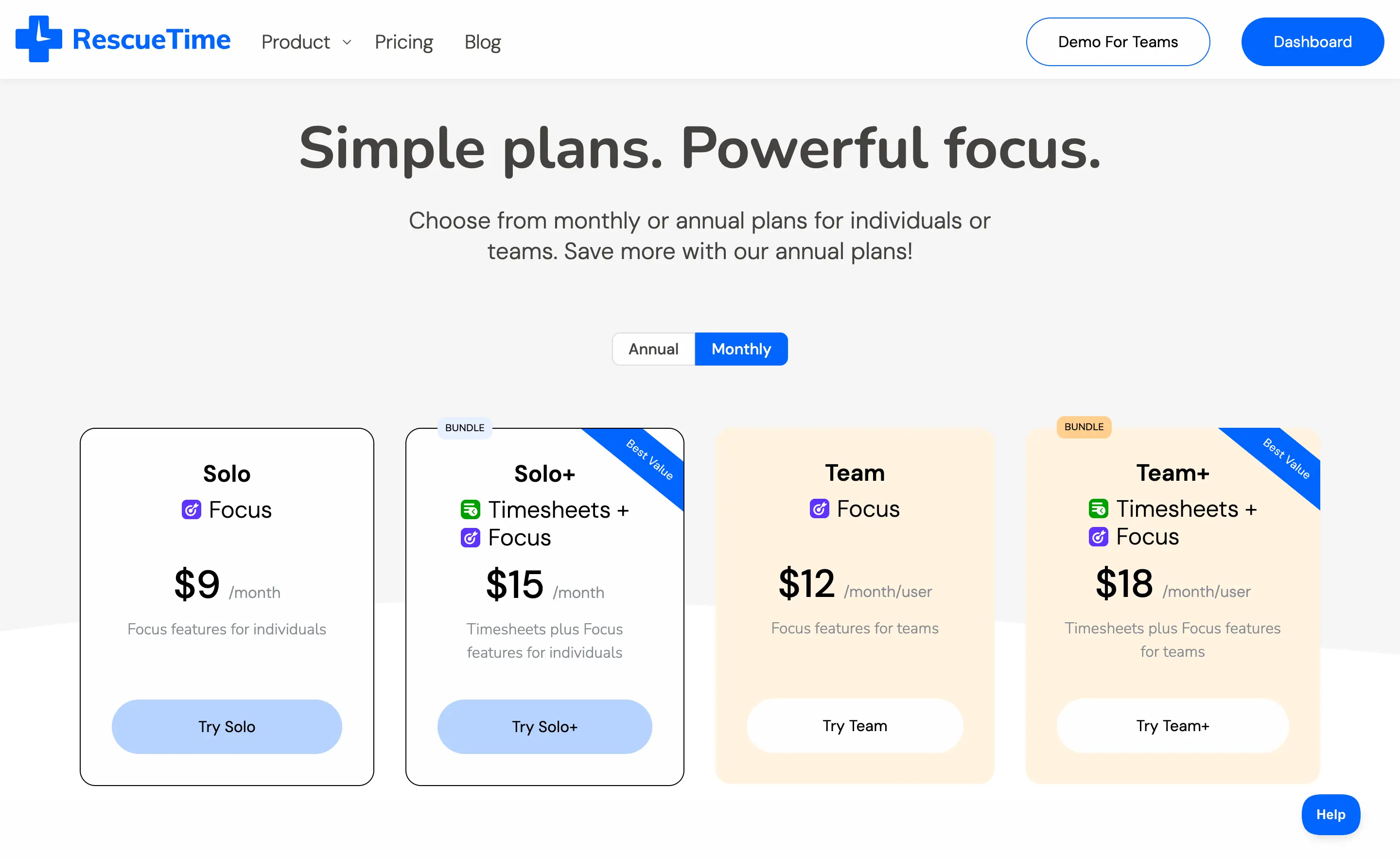 RescueTime's pricing page showing Solo, Solo+, and Team+ plans