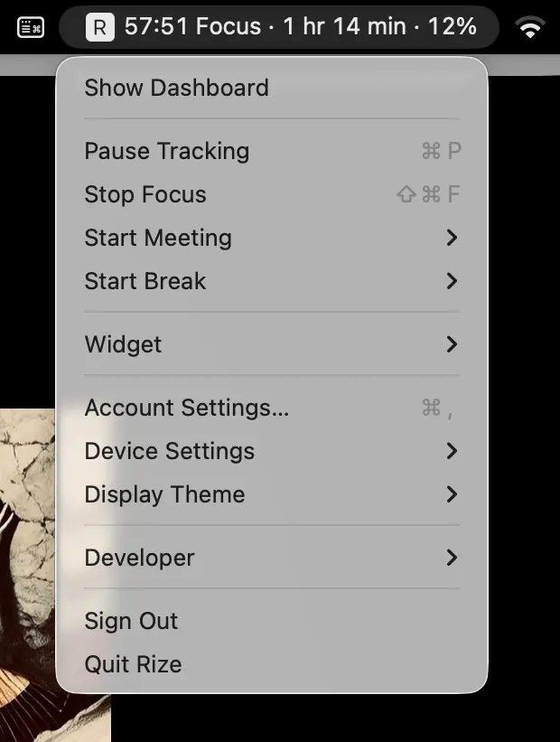 Rize running in the macOS menu bar showing today's tracked time