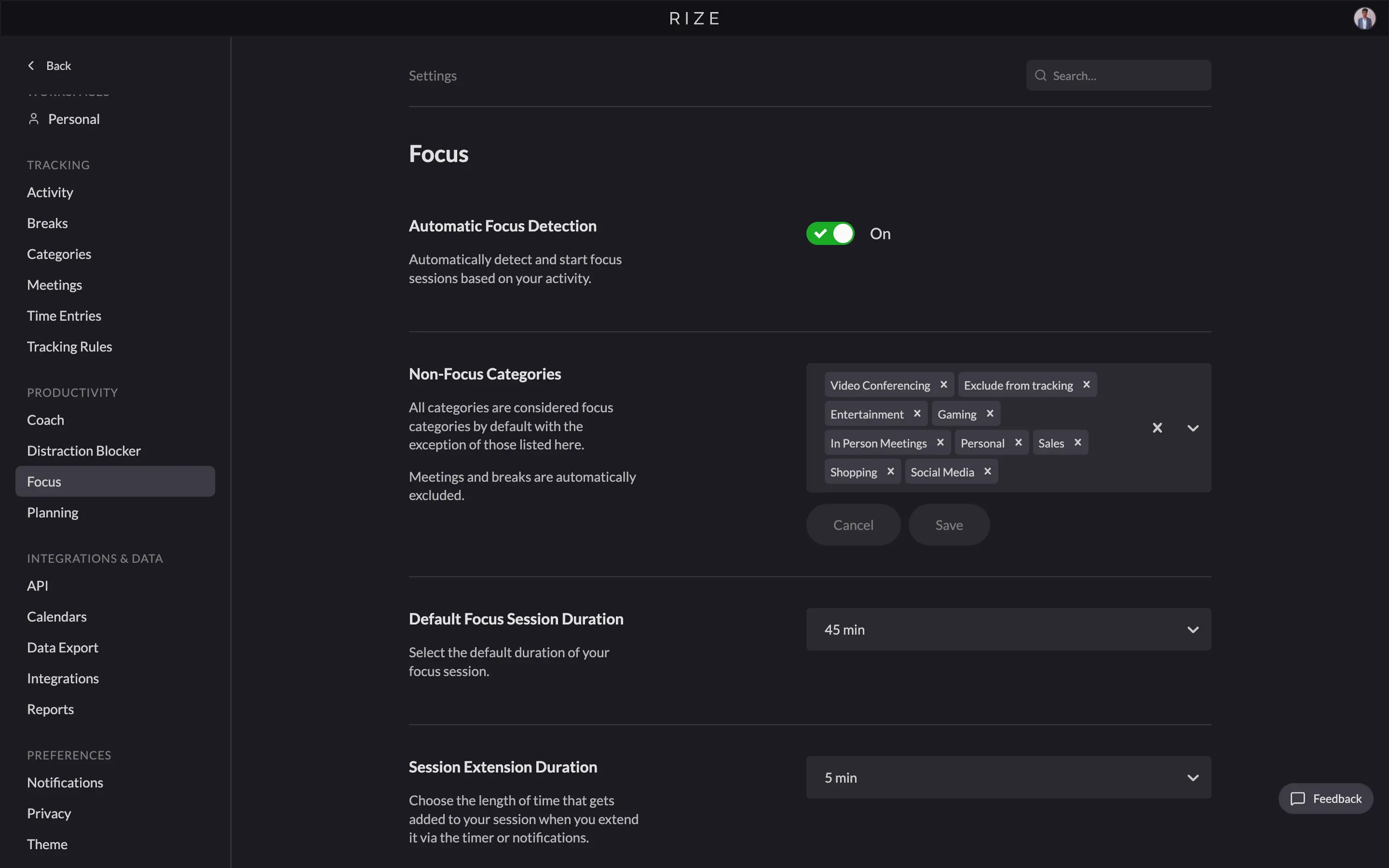 Rize settings showing automatic focus session detection