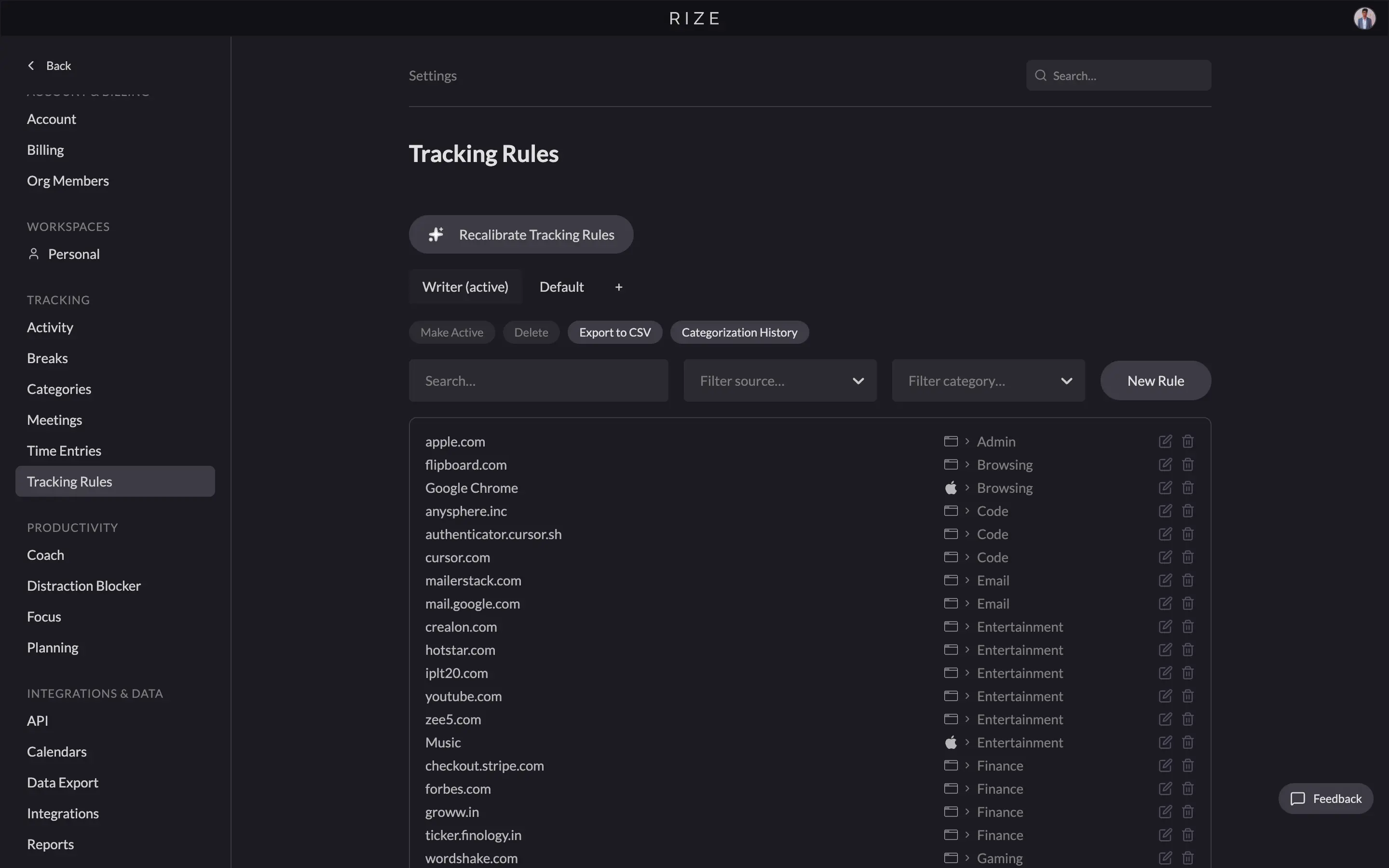 Rize tracking rules showing automatic categorization by client and project