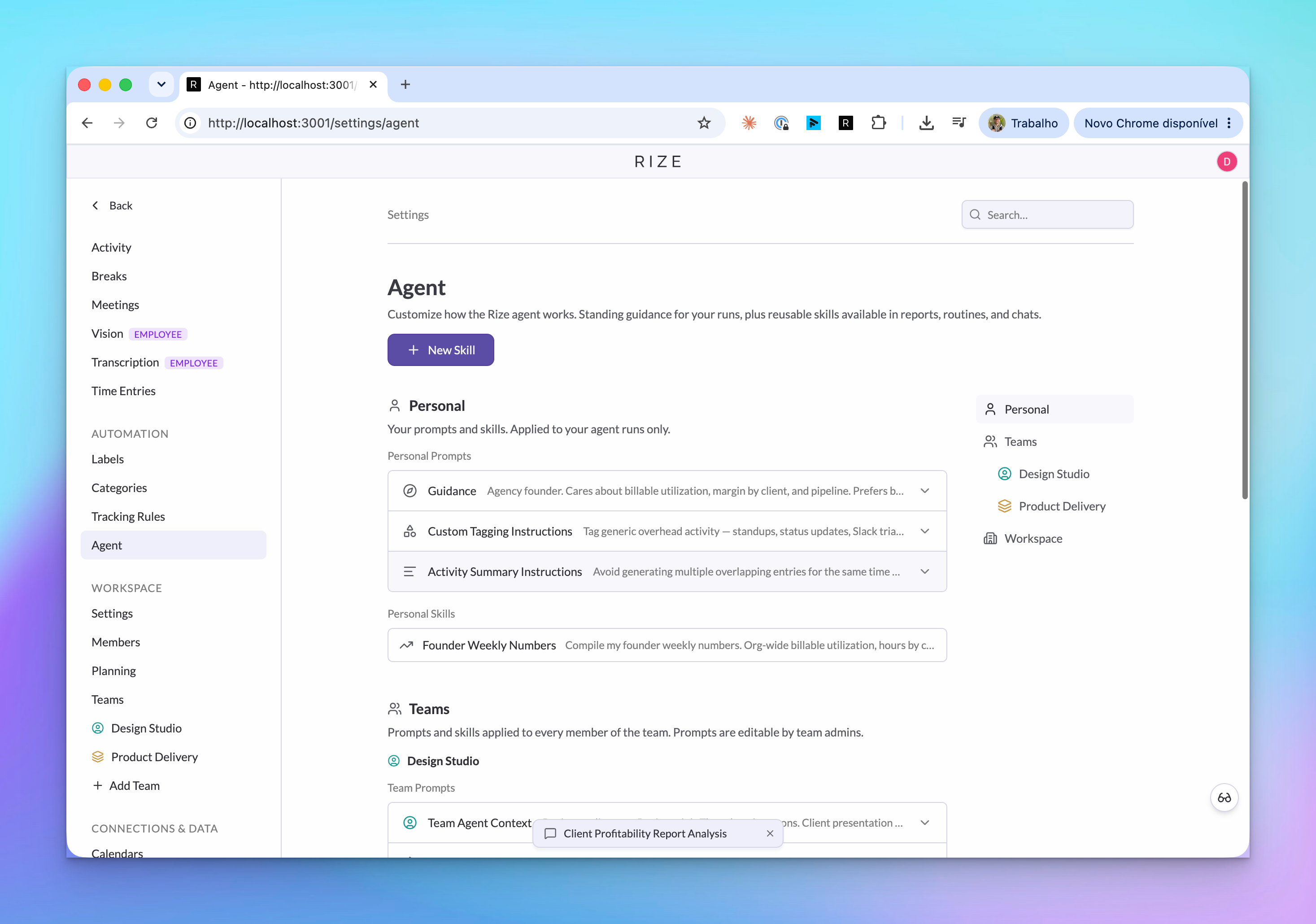 Rize Agent settings with personal, team, and workspace context