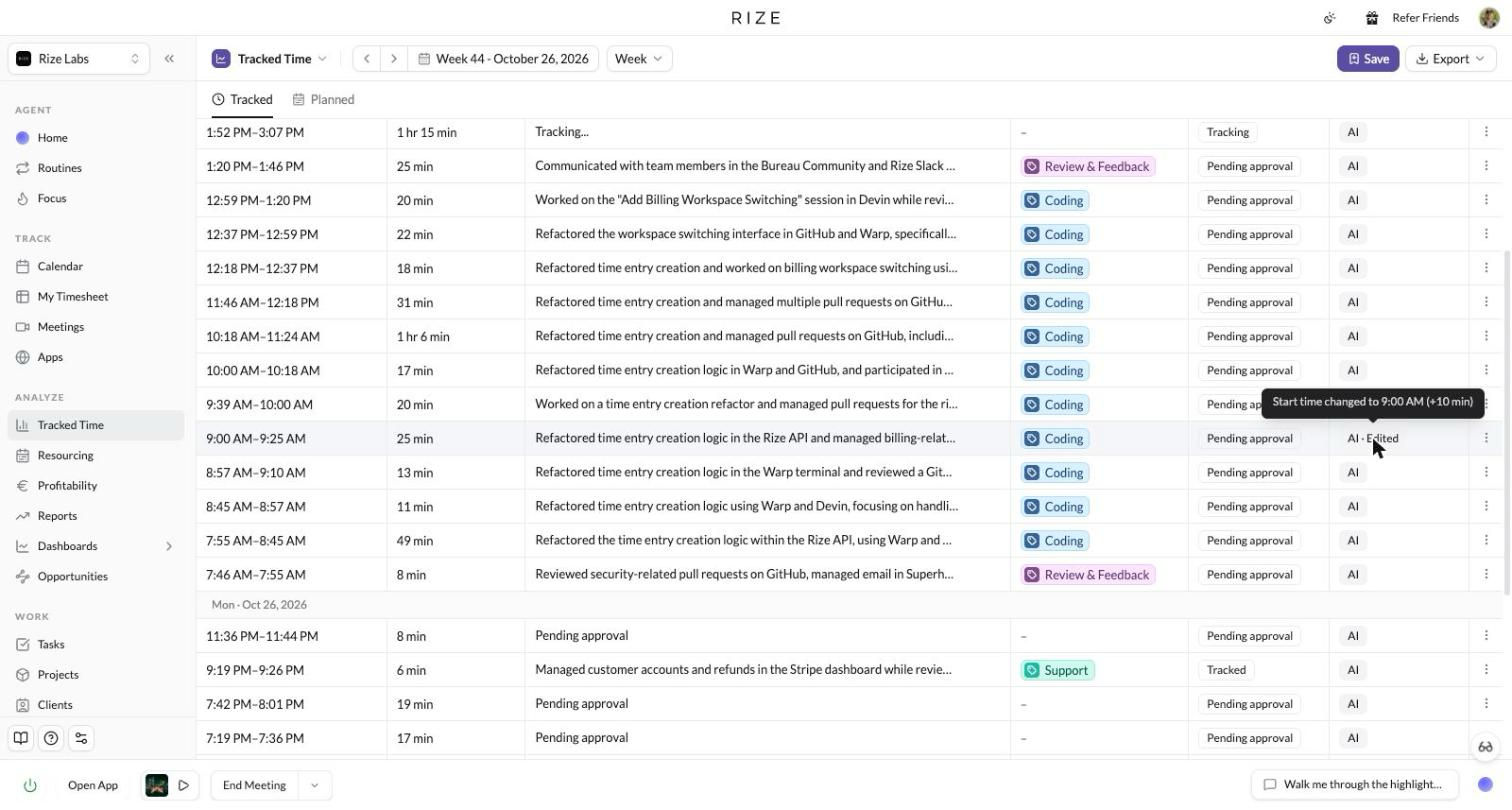 The Rize Tracked Time log with a tooltip on an AI Edited badge reading Start time changed to 9:00 AM (+10 min)