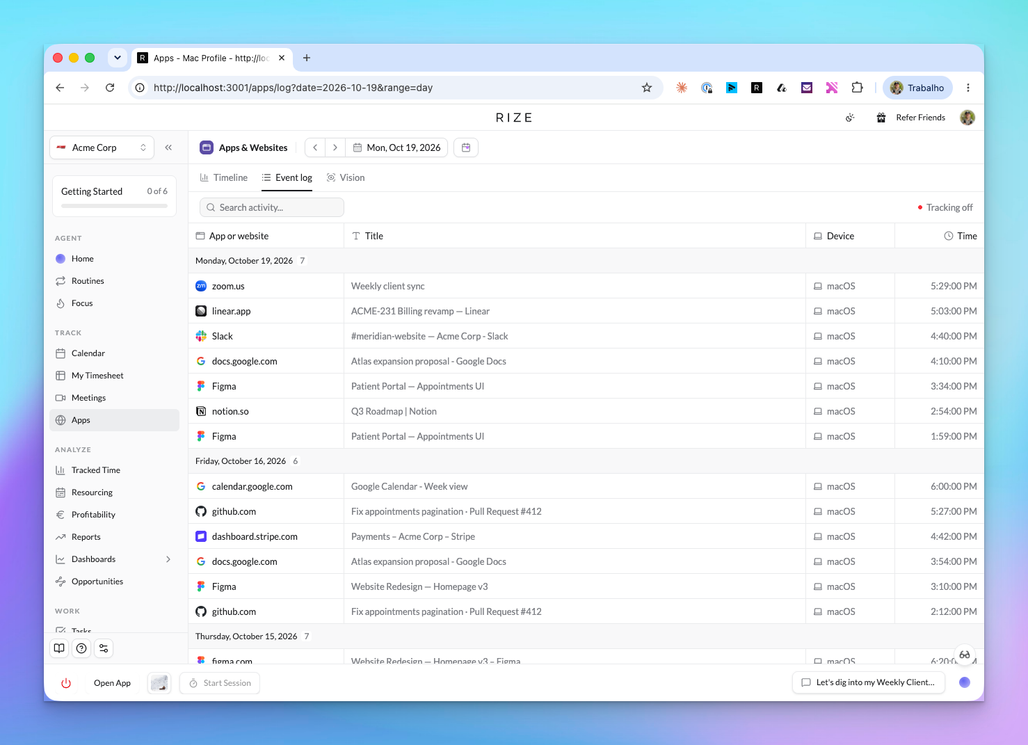 Rize Apps and Websites Event log with an icon beside each app or website, grouped by day with a count per day