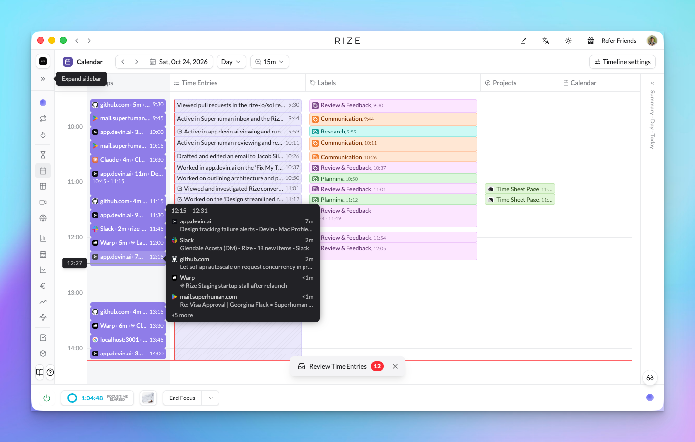 Rize Calendar with the Apps column grouped by app, each block showing its icon, and a hover tooltip listing the top apps in a 15 minute slot