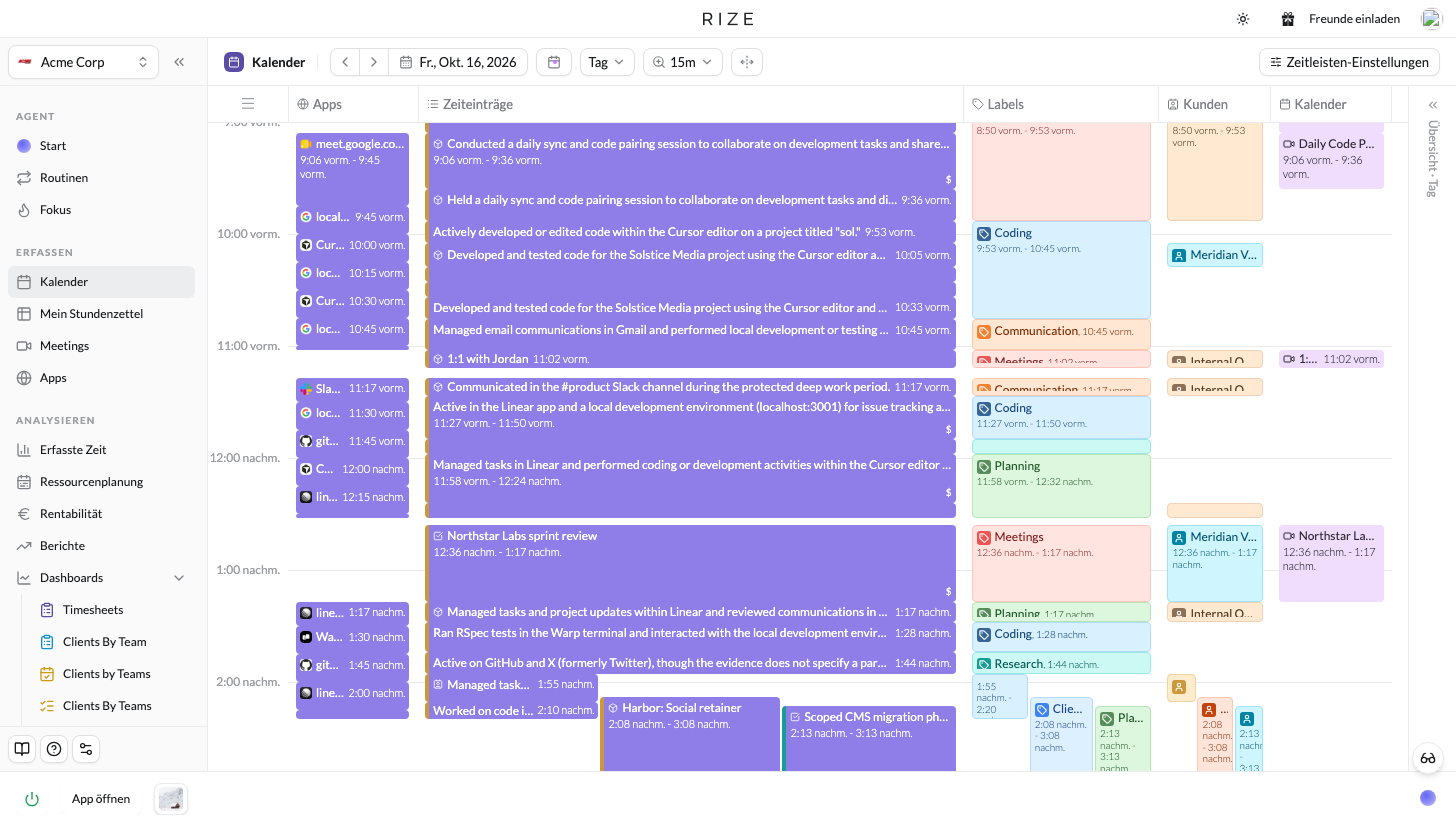 Rize Calendar in German with the sidebar, day picker and the Apps, Zeiteinträge, Labels, Kunden and Kalender column headers translated