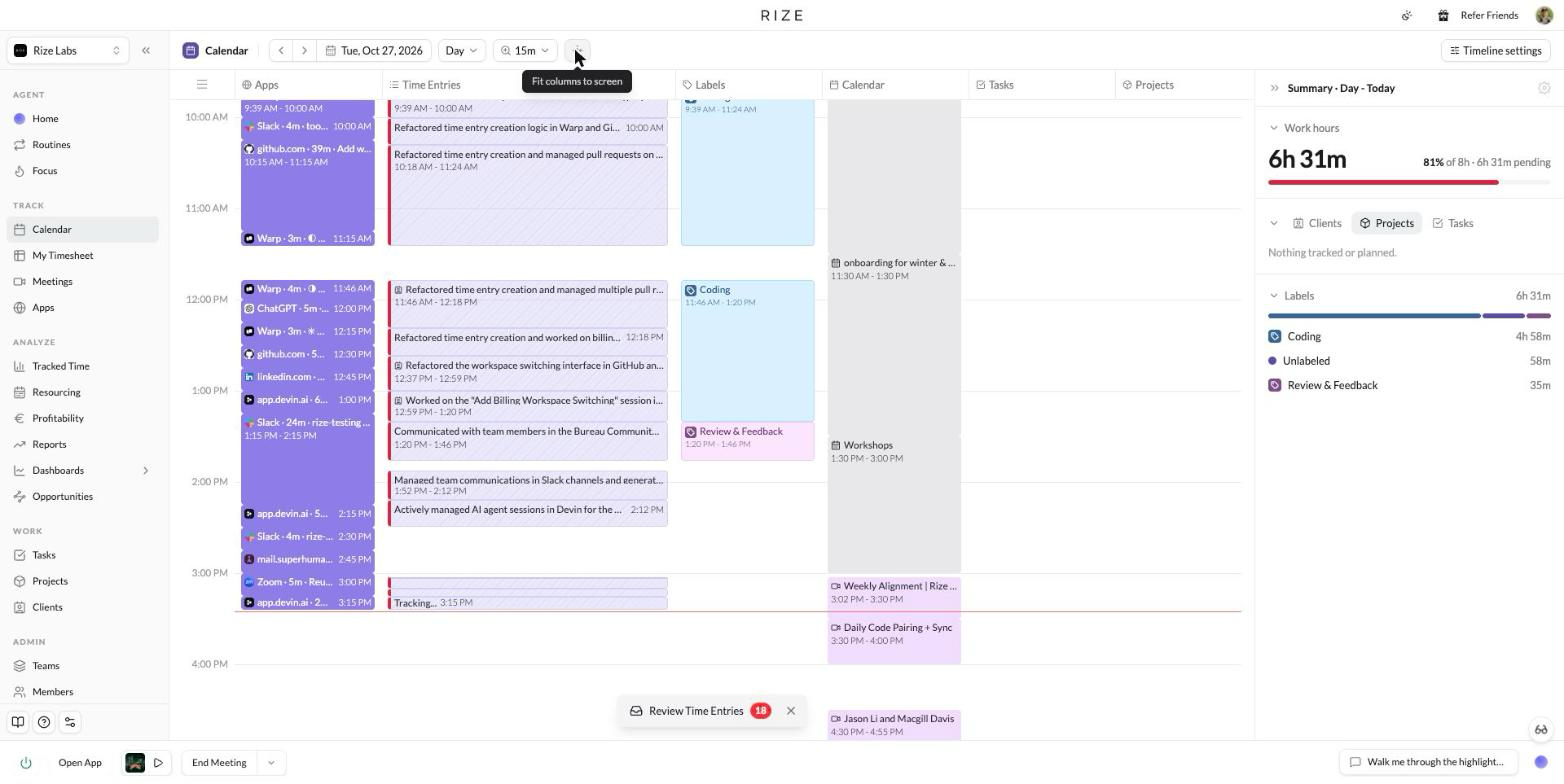 The Rize Calendar day view with one Coding block spanning several time entries in the Labels column, and the Fit columns to screen tooltip on the new scroll toggle