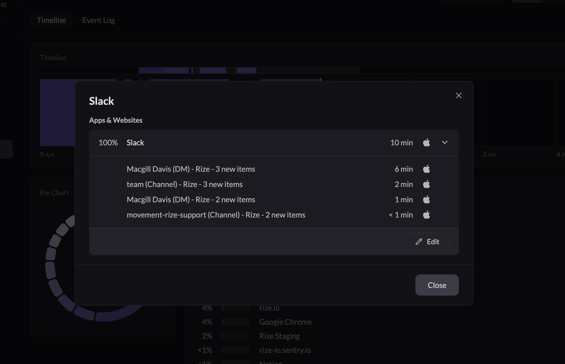 the activity dialog for one block, expanded to show window titles, with the Edit button for an app