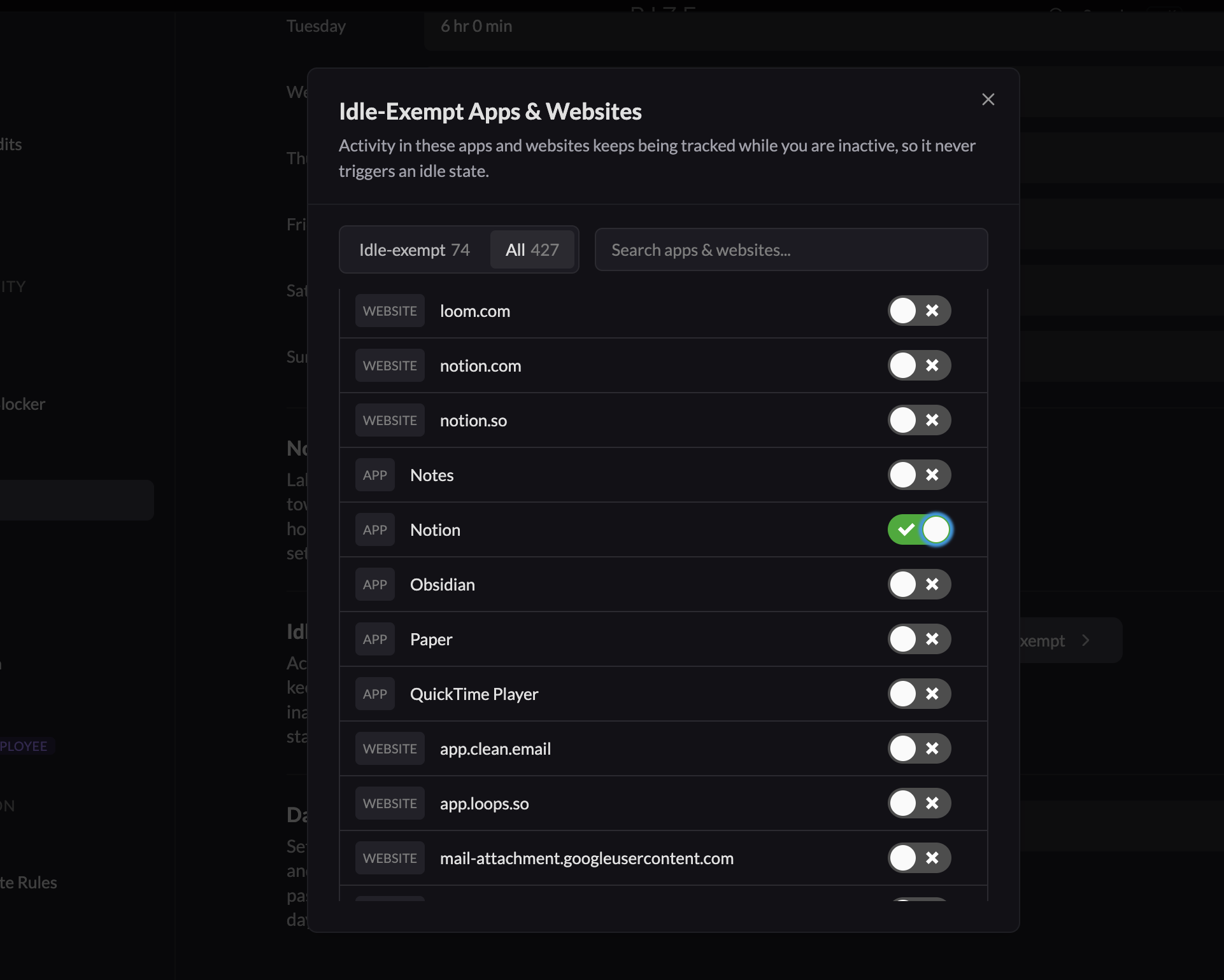 the Idle-Exempt Apps & Websites managed list under Settings, Activity