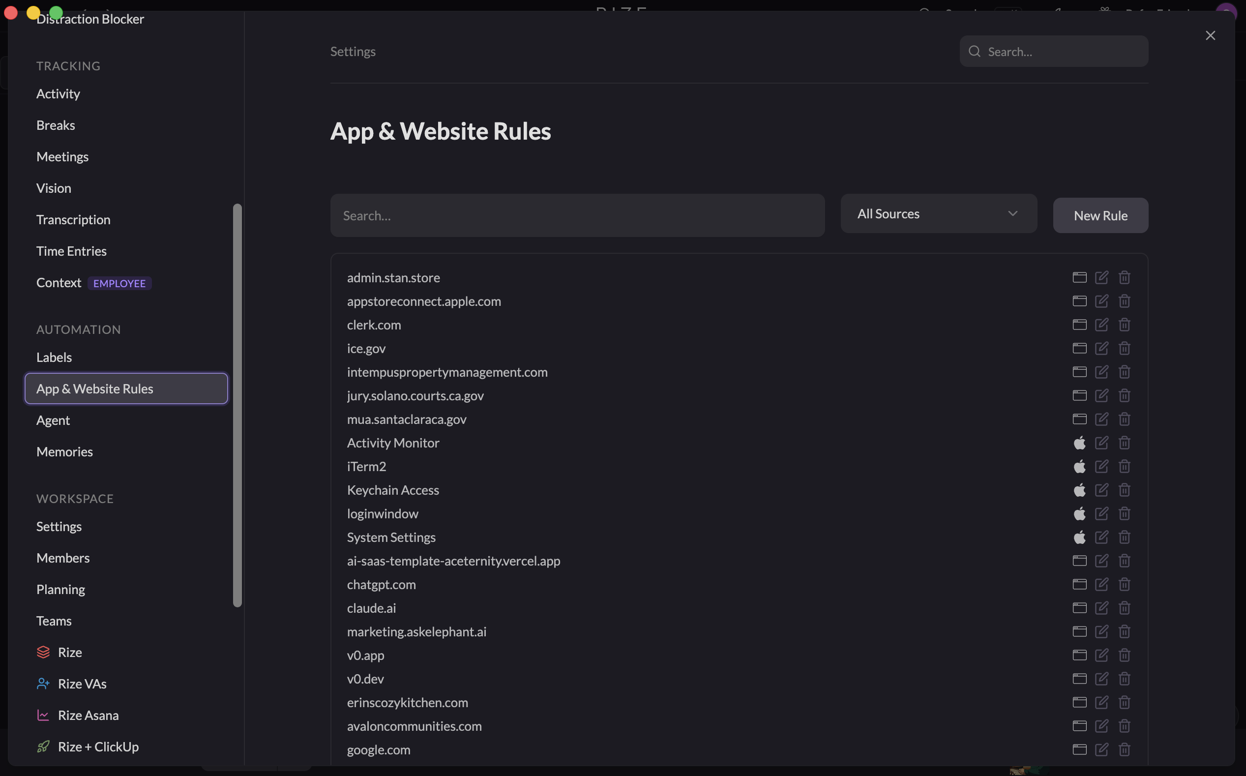 the App & Website Rules settings page listing each app and website with edit and delete actions