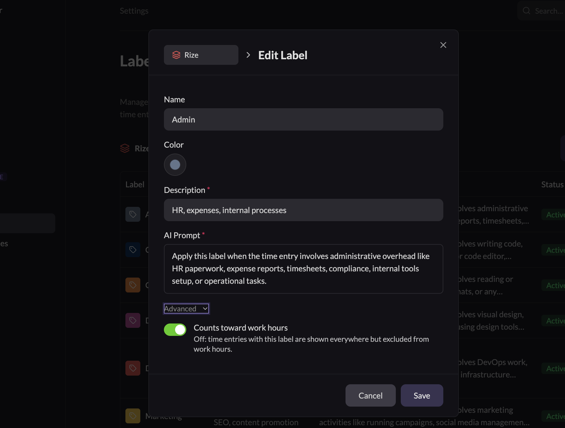 the label editor showing the name, description, AI Prompt field, and the Counts toward work hours switch