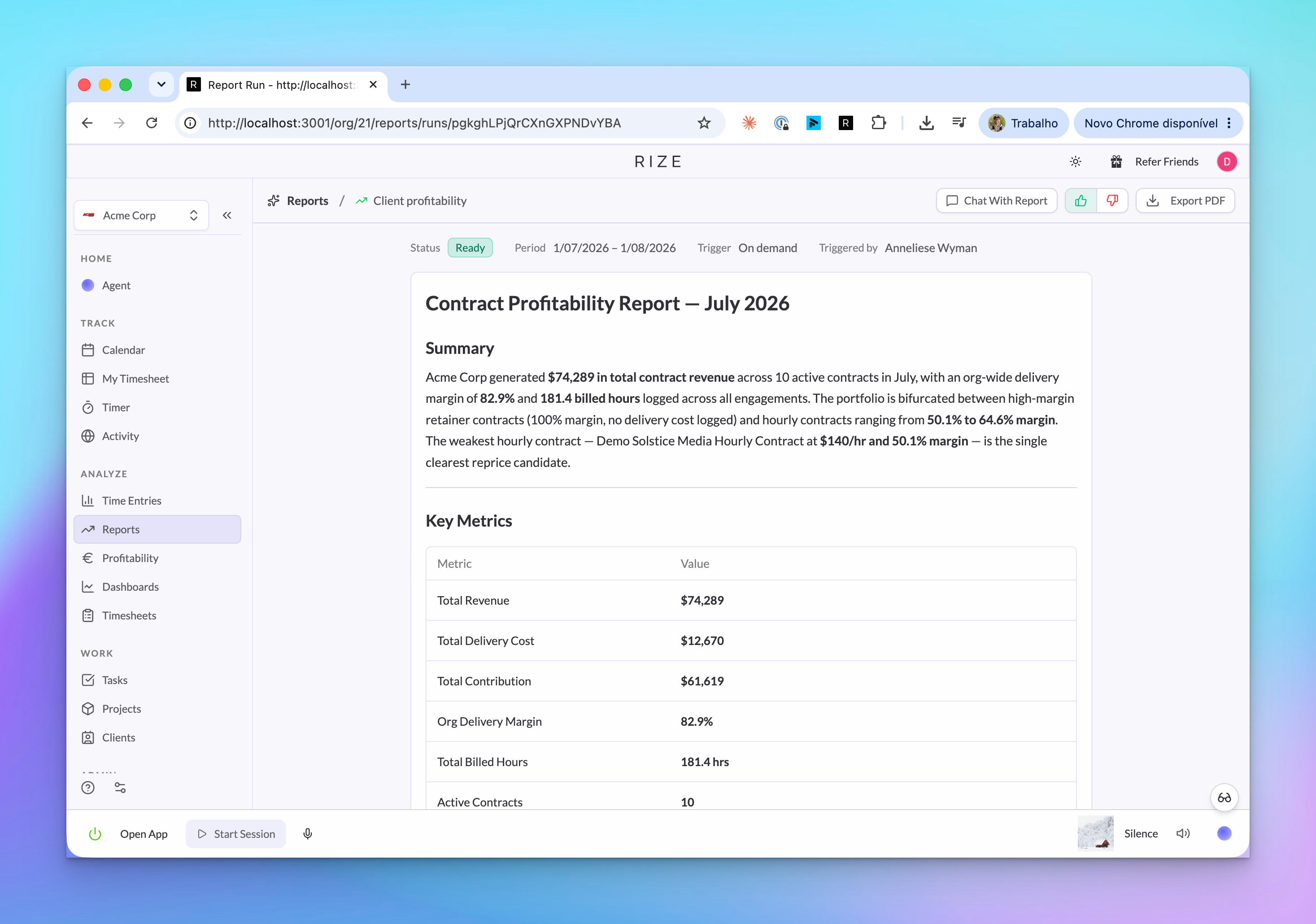Client profitability AI Report with revenue, cost, margin, and hours