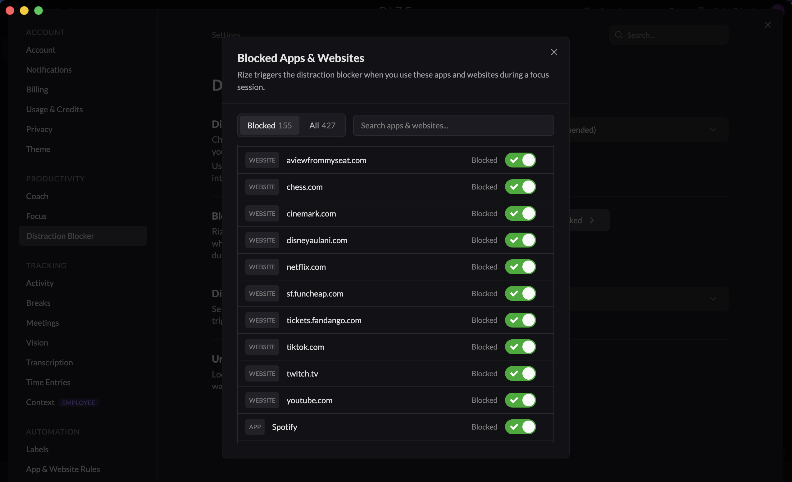 the Distraction Blocker settings listing blocked apps and websites with toggles