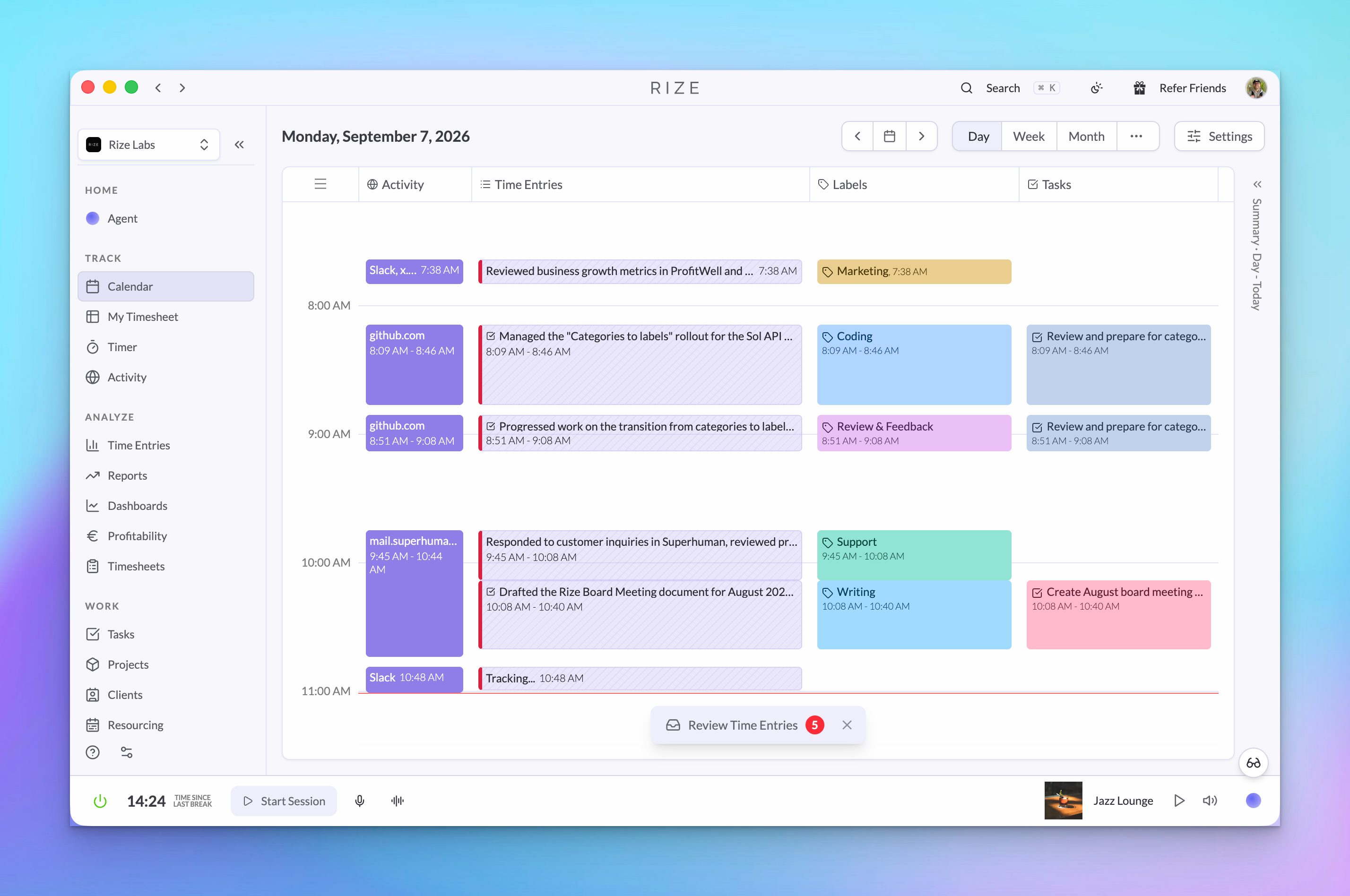 the Rize day view showing time entries with labels and the apps and websites beneath them