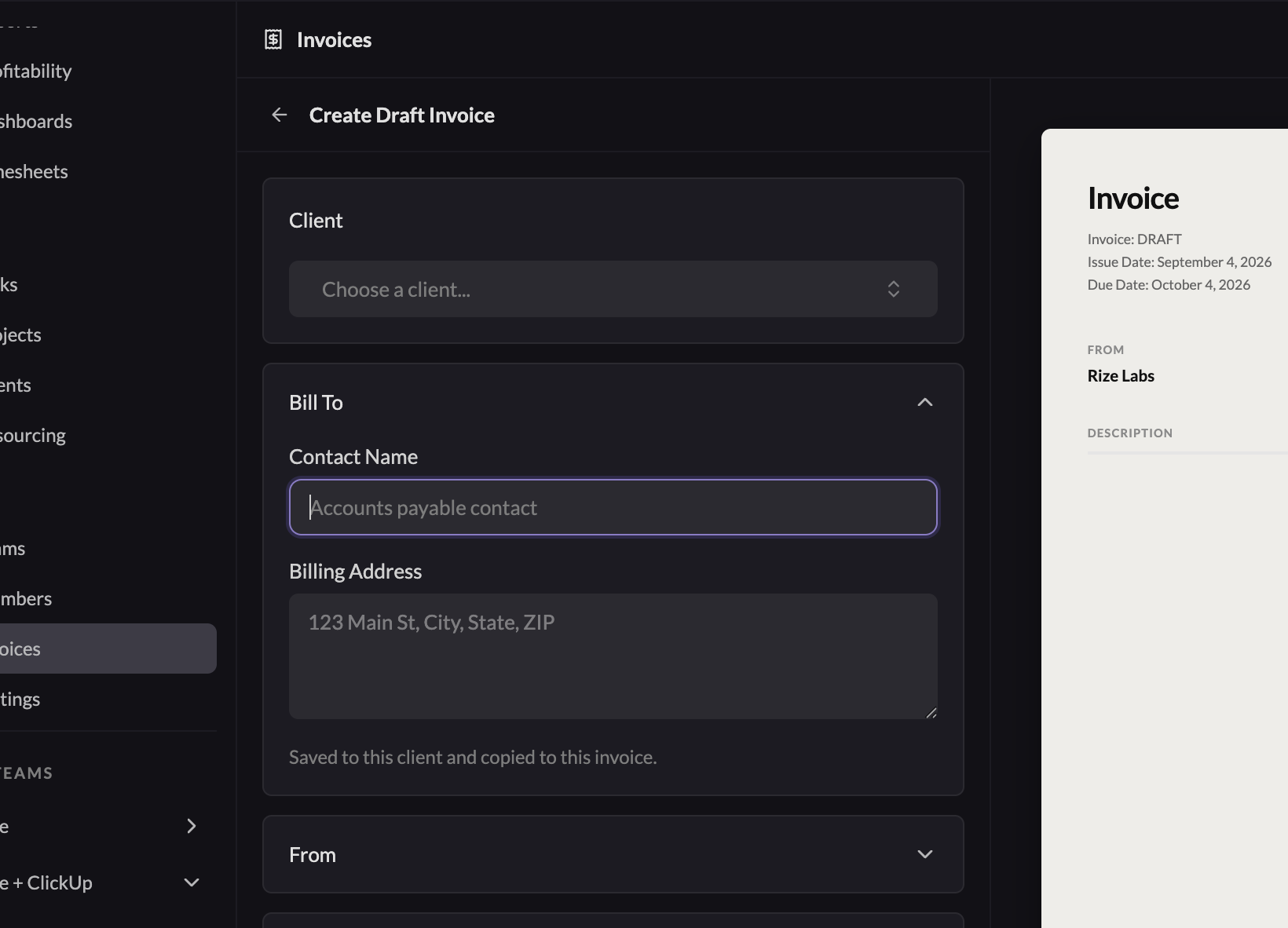 the invoice editor with the Bill To contact and address fields and the live preview