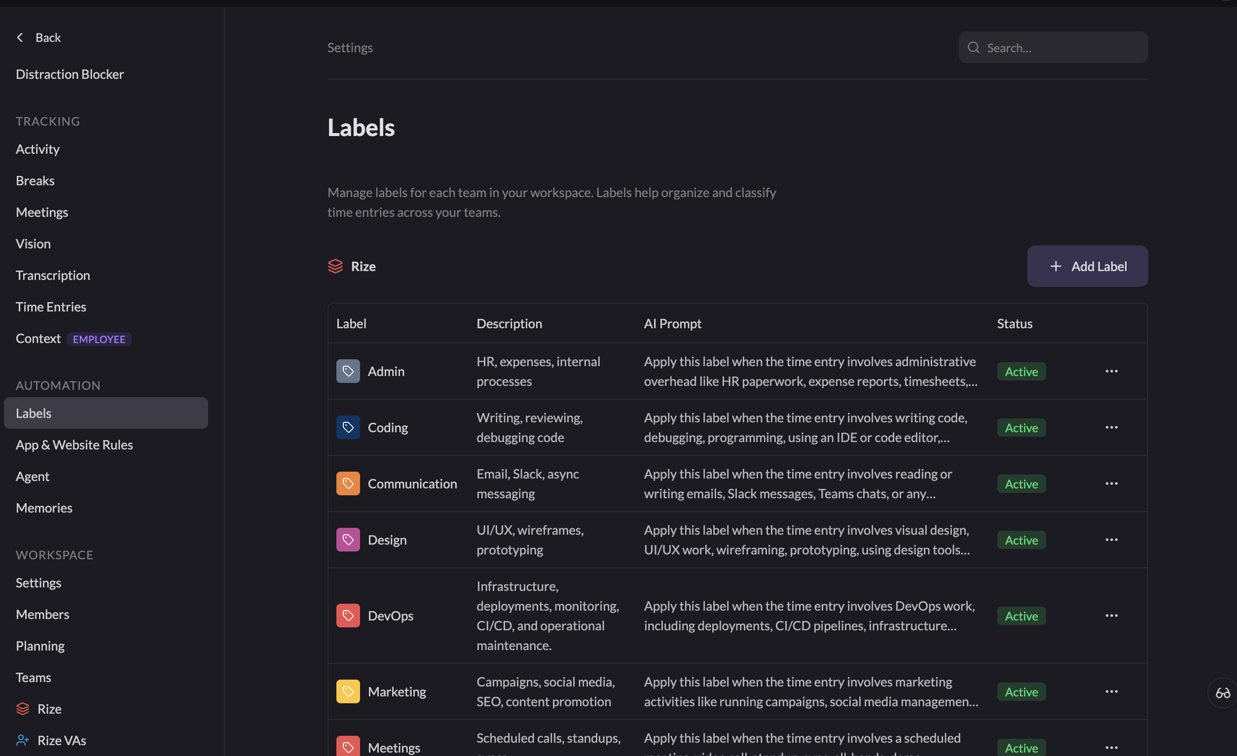 the Labels settings page with each label's AI prompt