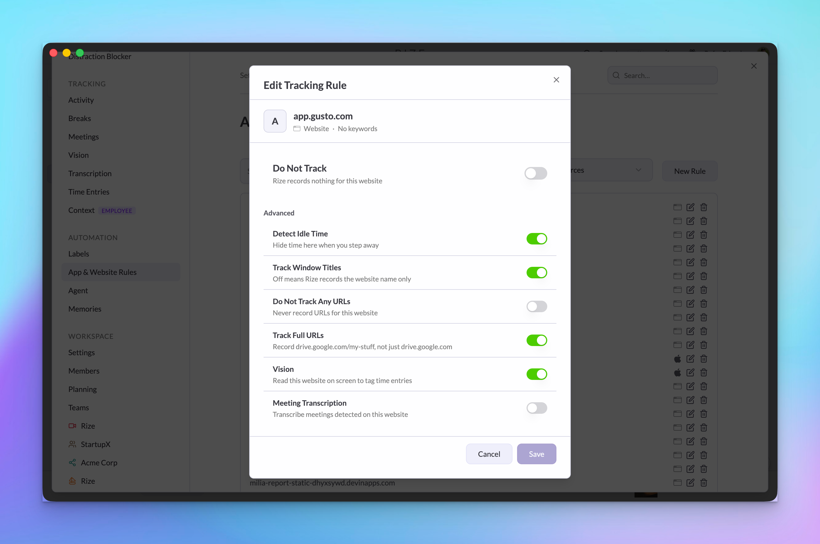 the App & Website Rules editor for a single app with focus, meeting, idle, and do-not-track options