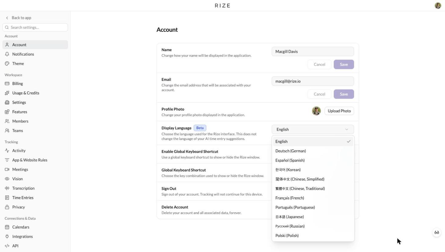 Rize Account settings with the Display Language dropdown open, listing English, German, Spanish, Korean, Chinese, French, Portuguese, Japanese, Russian and Polish