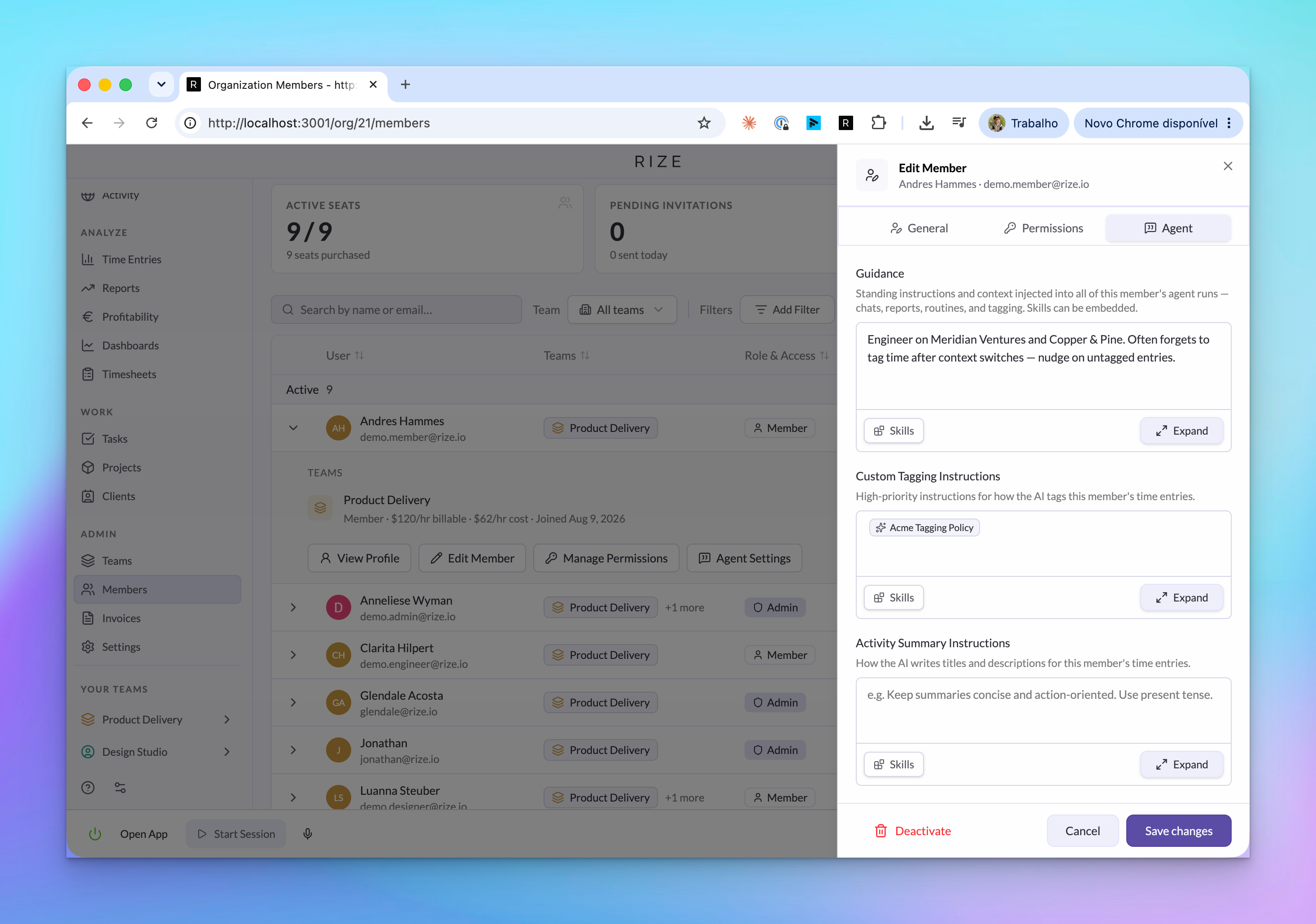 Rize member Agent settings with editable Skills and context