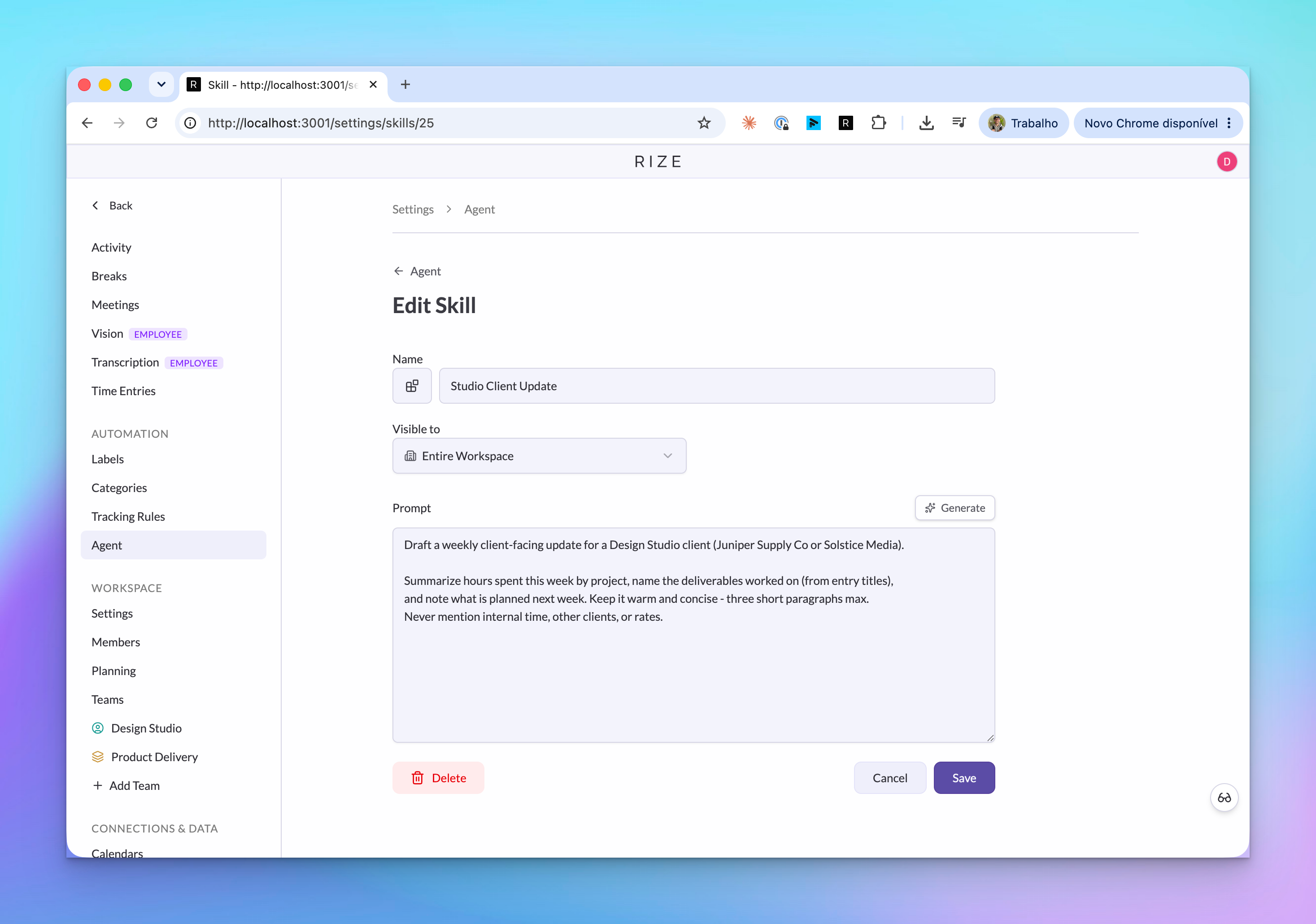 Skill editor for reusable Rize Agent instructions