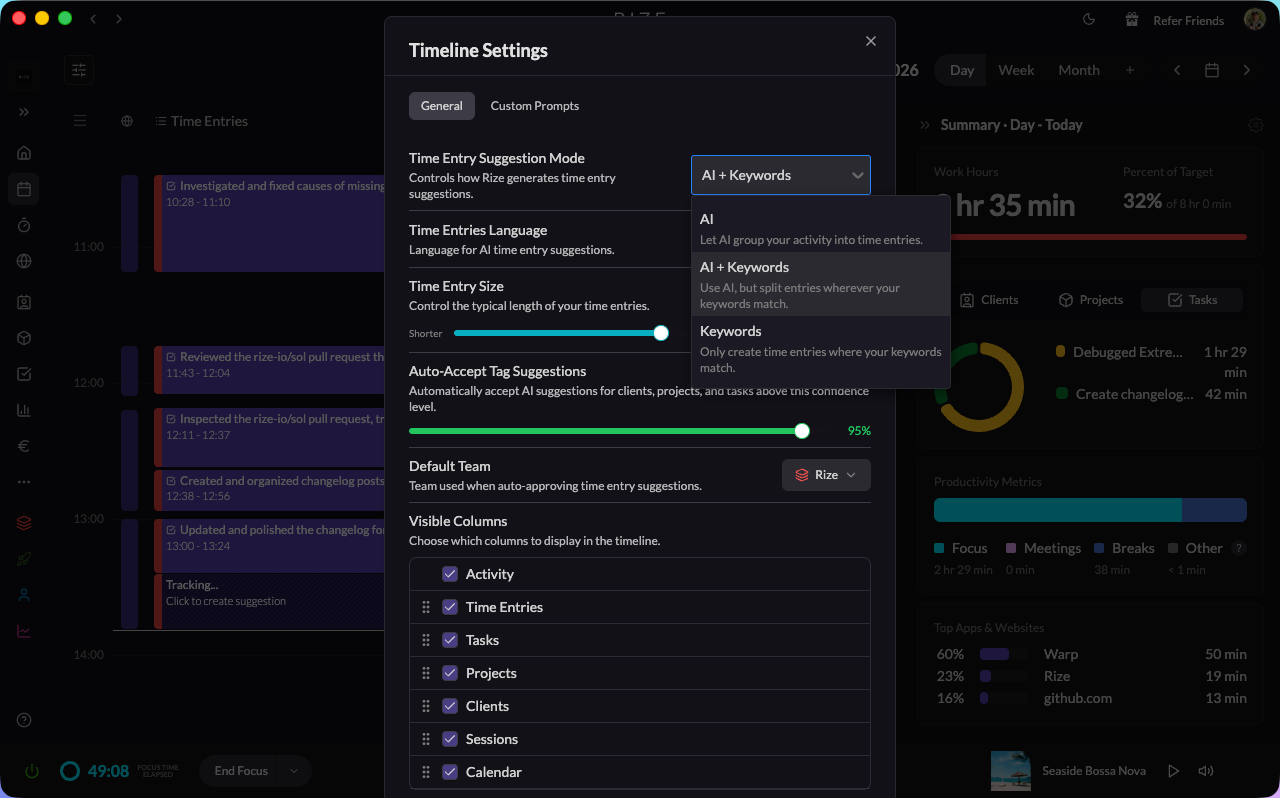 Time entry suggestion mode