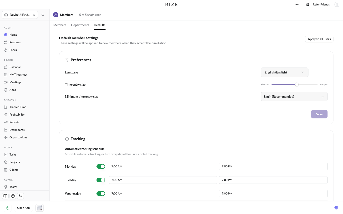 the Defaults tab with tracking schedule, time entry, and notification sections