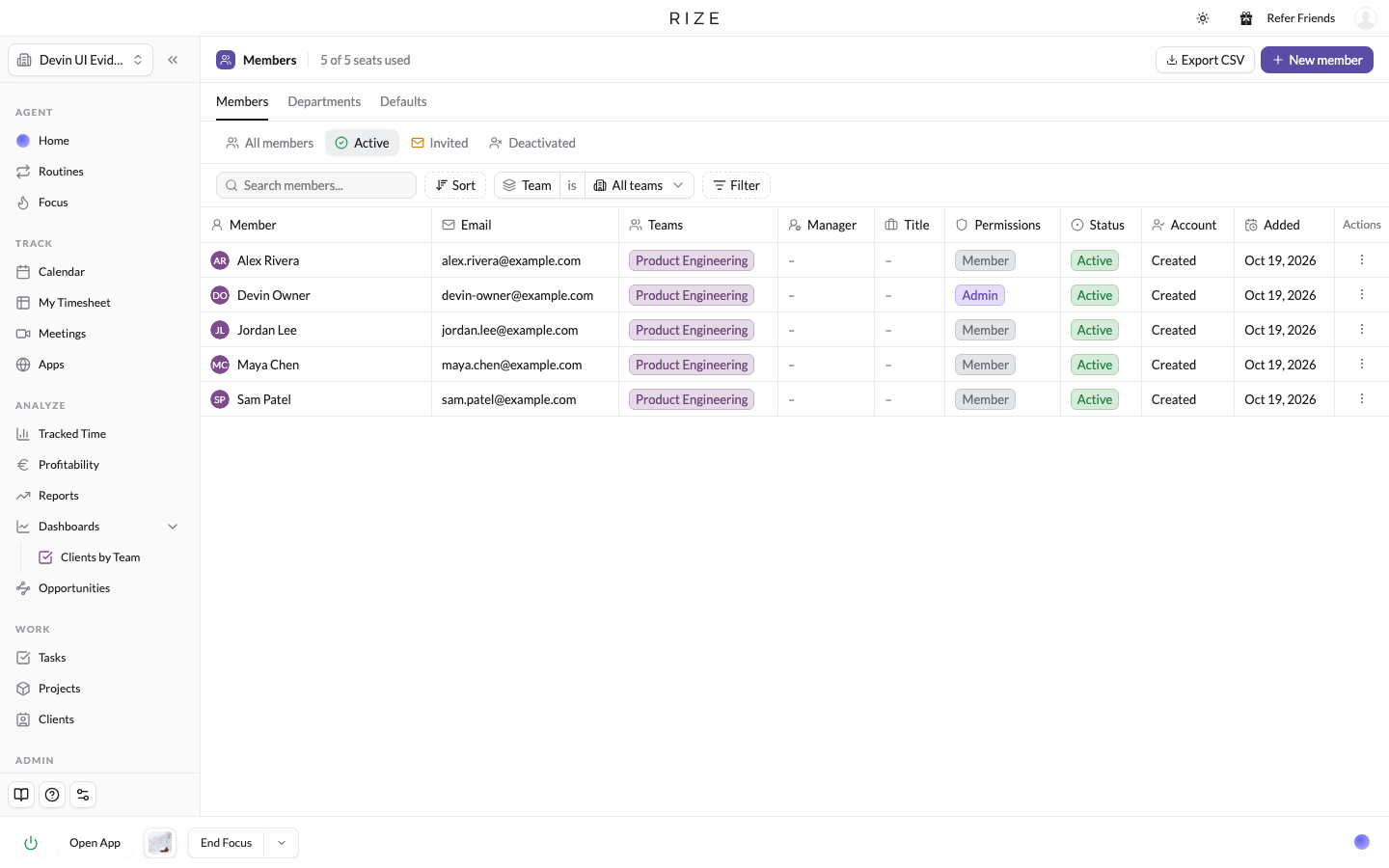 the members table with the Manager column and the Export CSV button