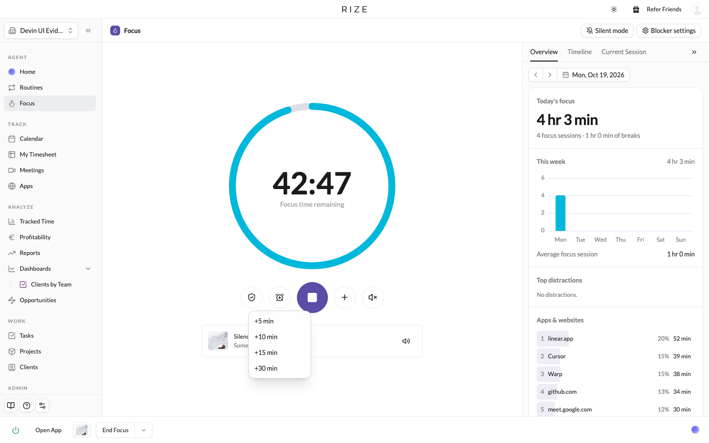 the Focus page with a running focus session, the extend menu, and the session controls