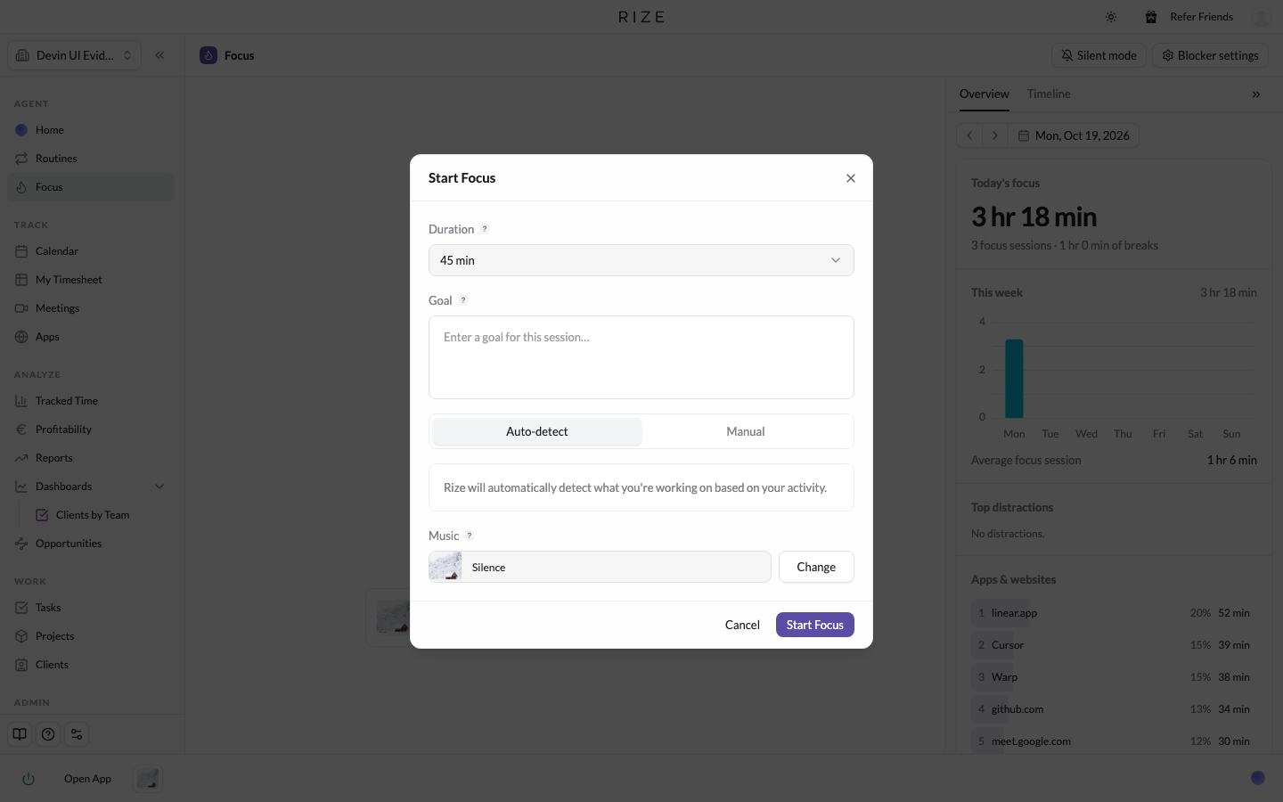 the Start Focus dialog with Auto-detect and Manual tabs