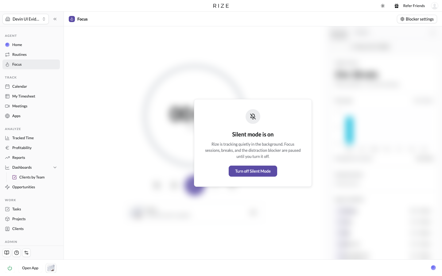 the Focus page with Silent mode switched on