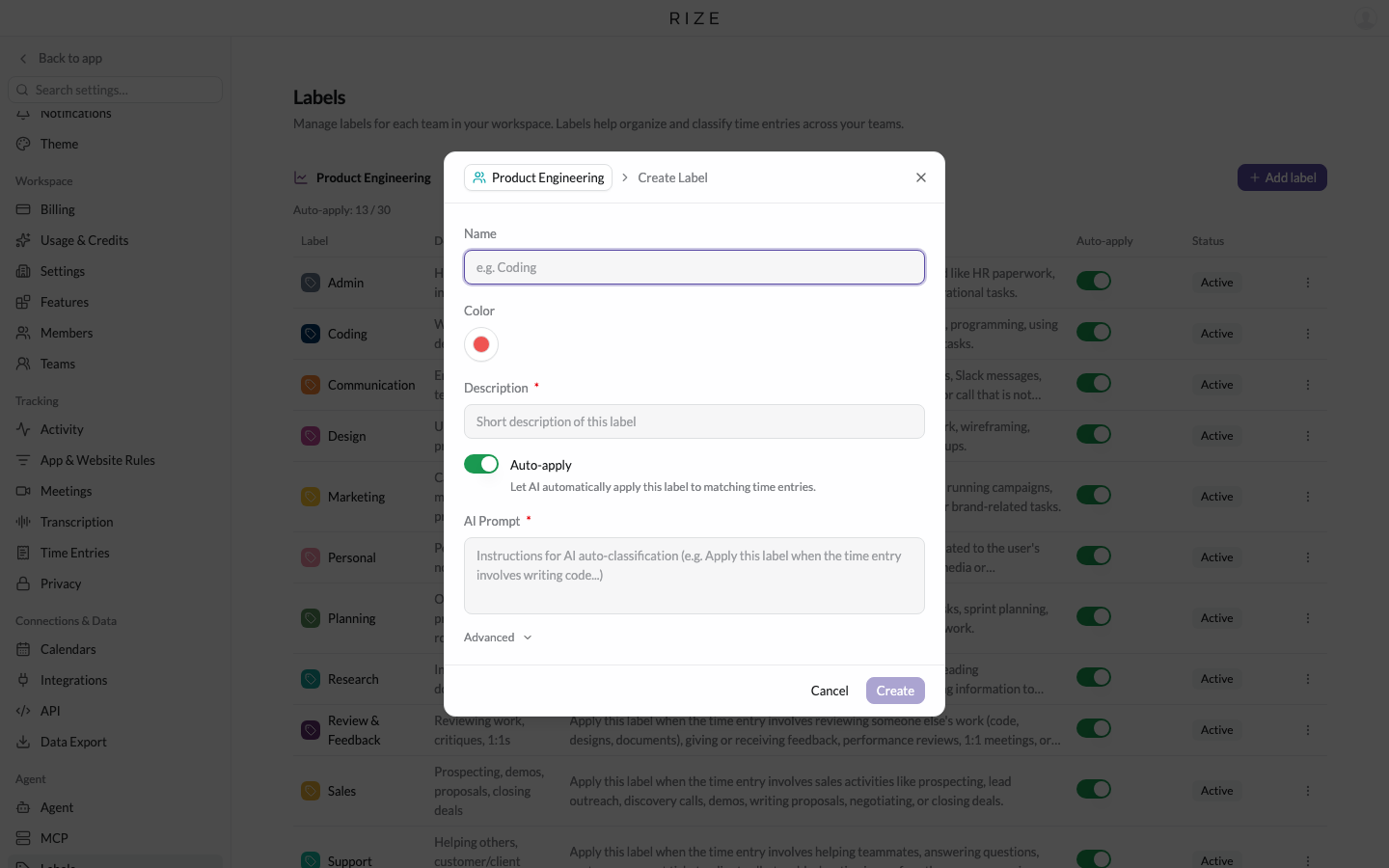 the edit label dialog with the Auto-apply switch and the AI prompt field