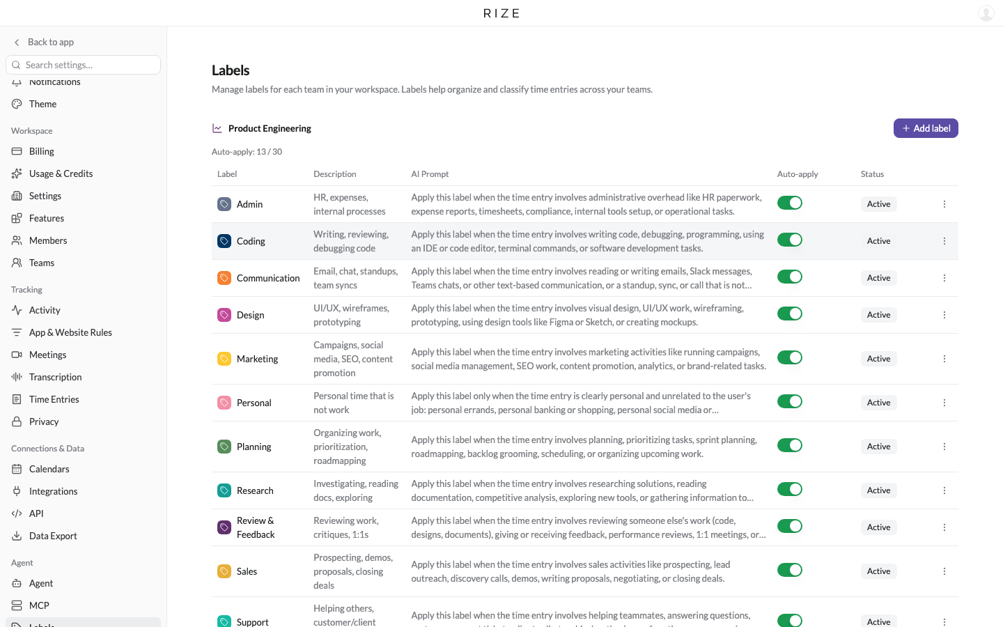 the Labels settings table with the Auto-apply column and the Auto-apply count in the header