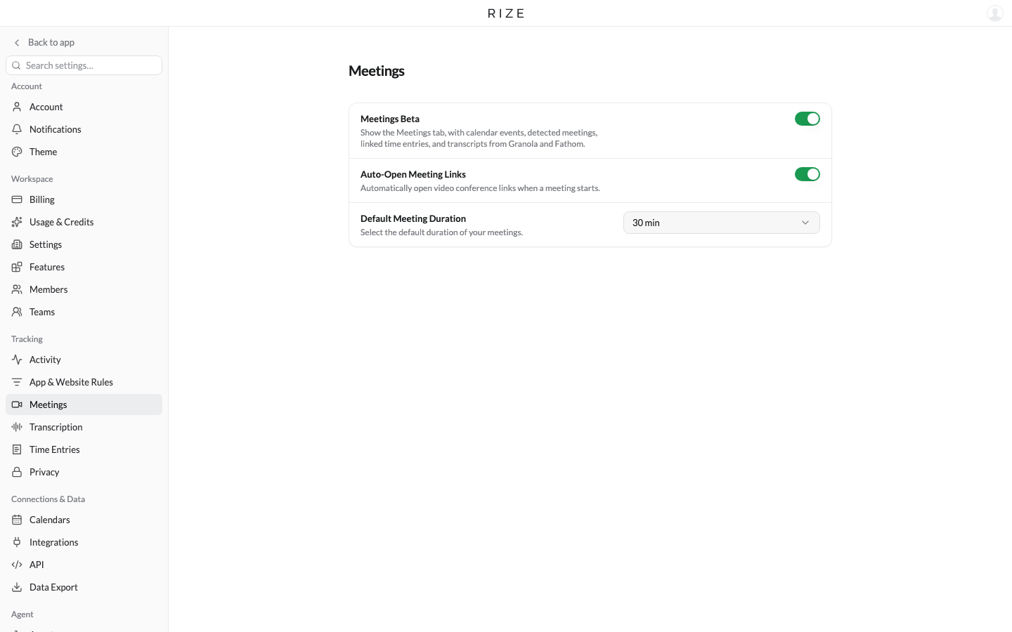 the Meetings settings page with the beta switch and calendar integrations