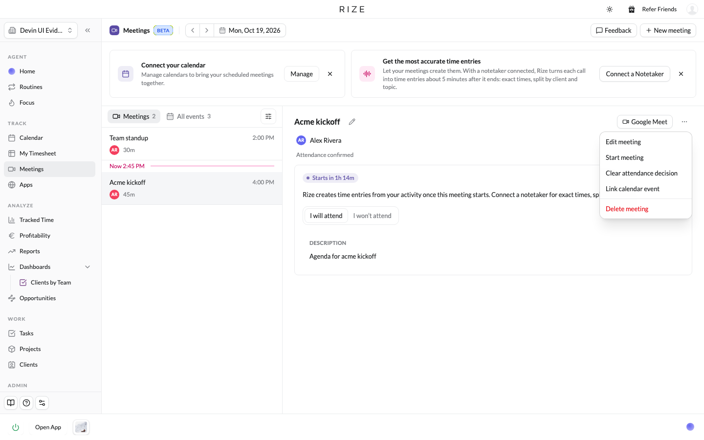 a meeting with the Not attending button and the Edit meeting dialog with actual times