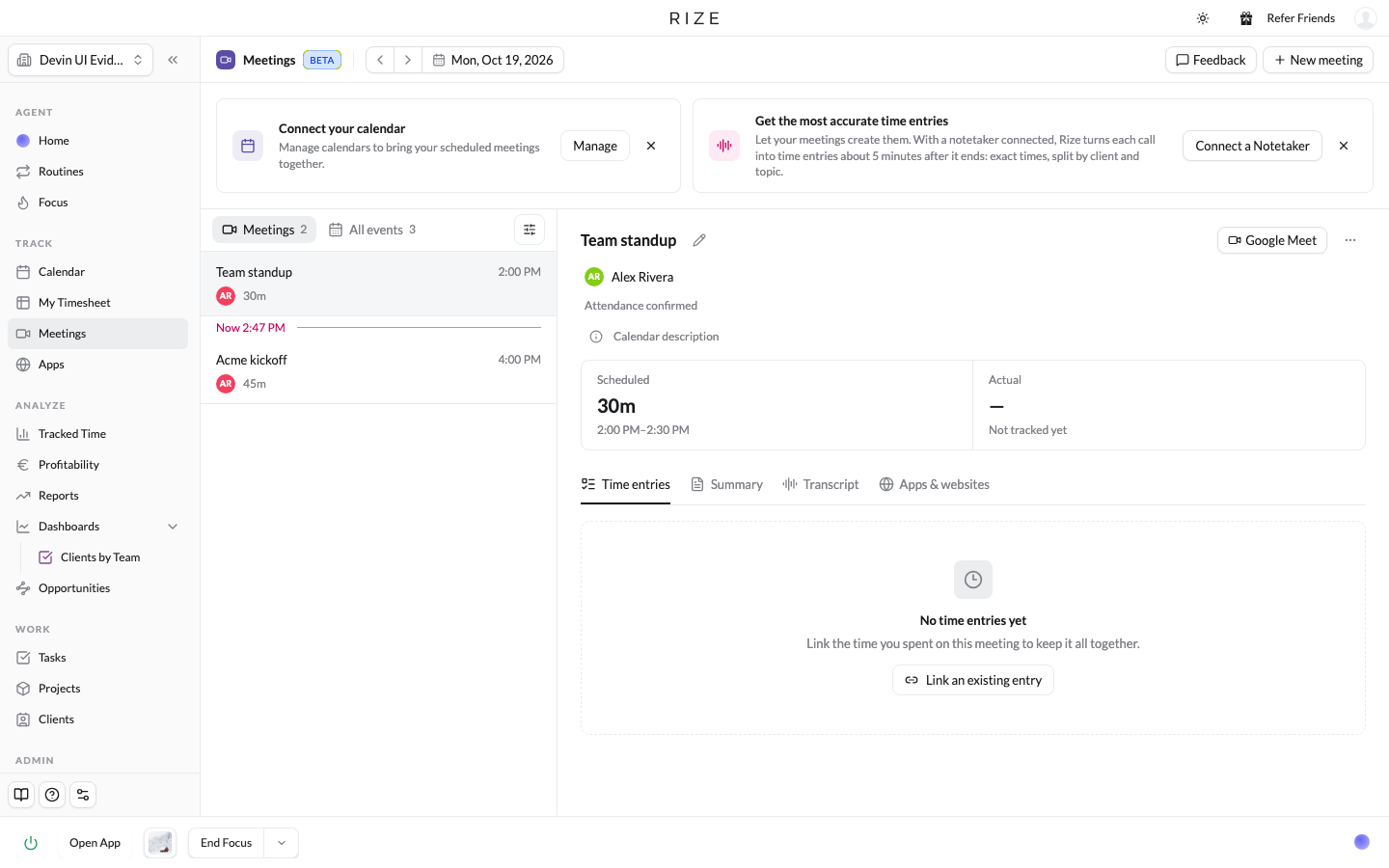 a meeting with its transcript summary and the tagged time entries