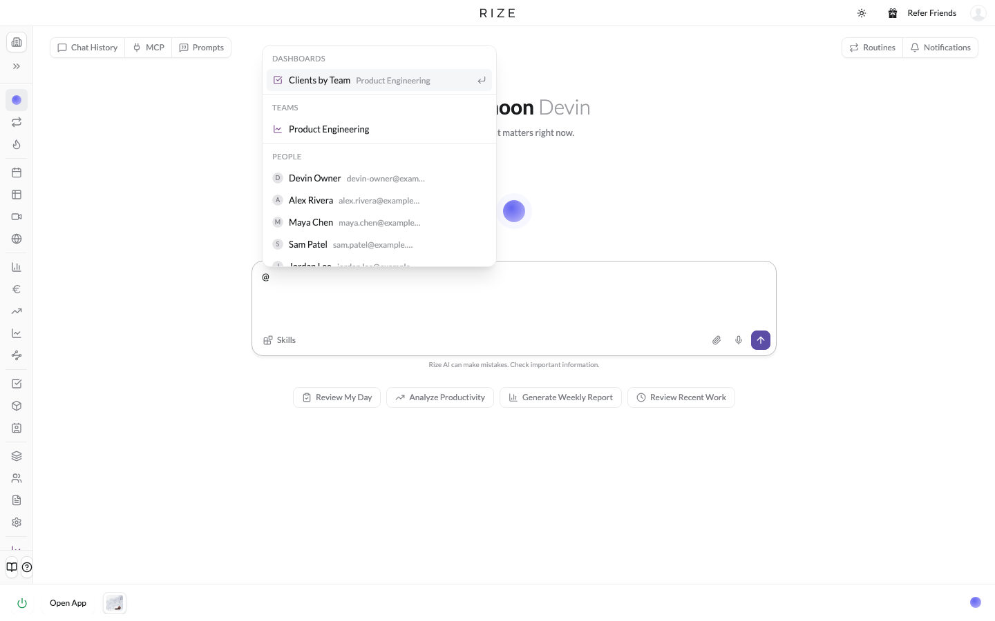 the @ mention popup in chat grouped by dashboards, teams, people, clients, and projects