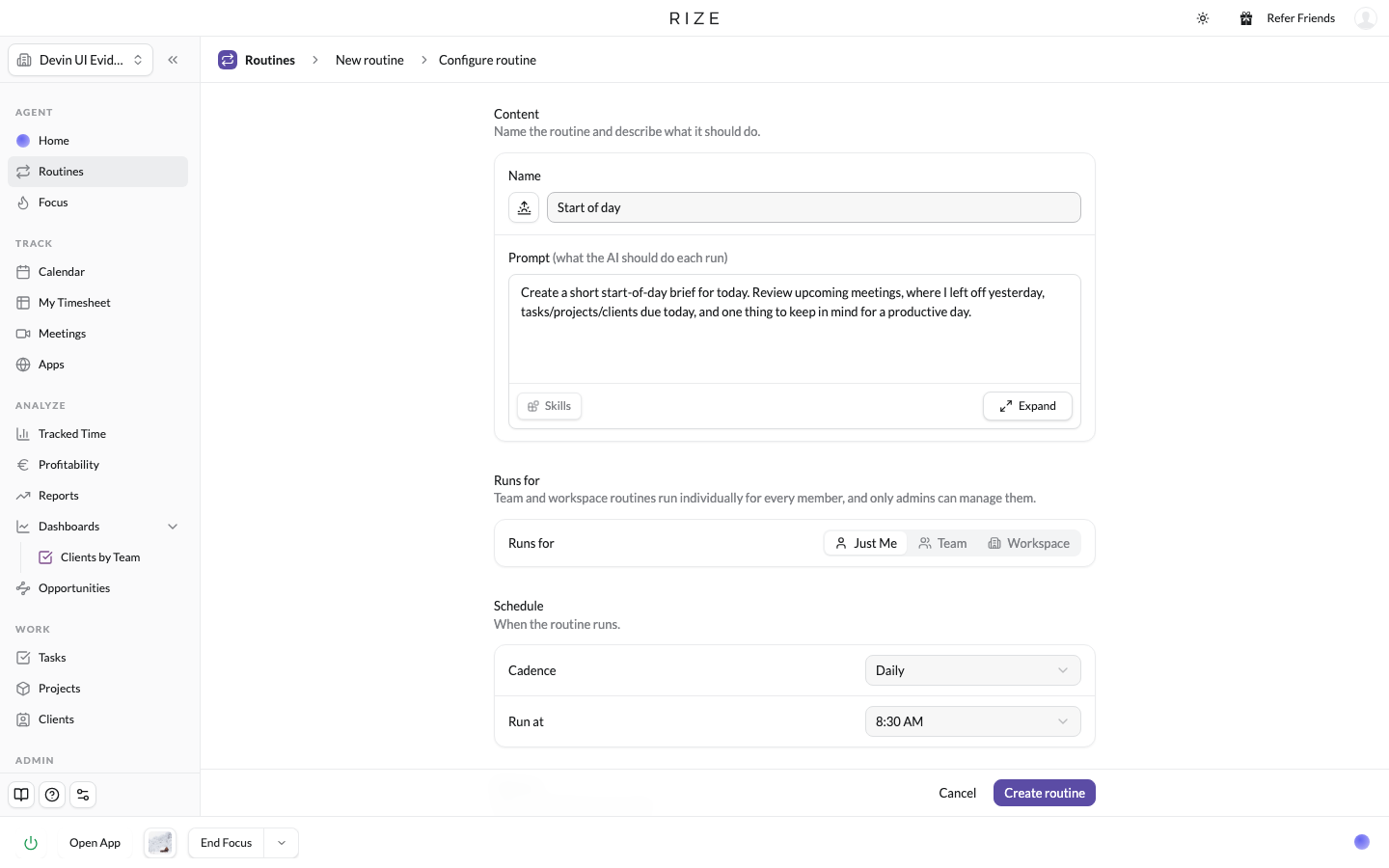 the routine scope selector with Just me, Team, and Workspace