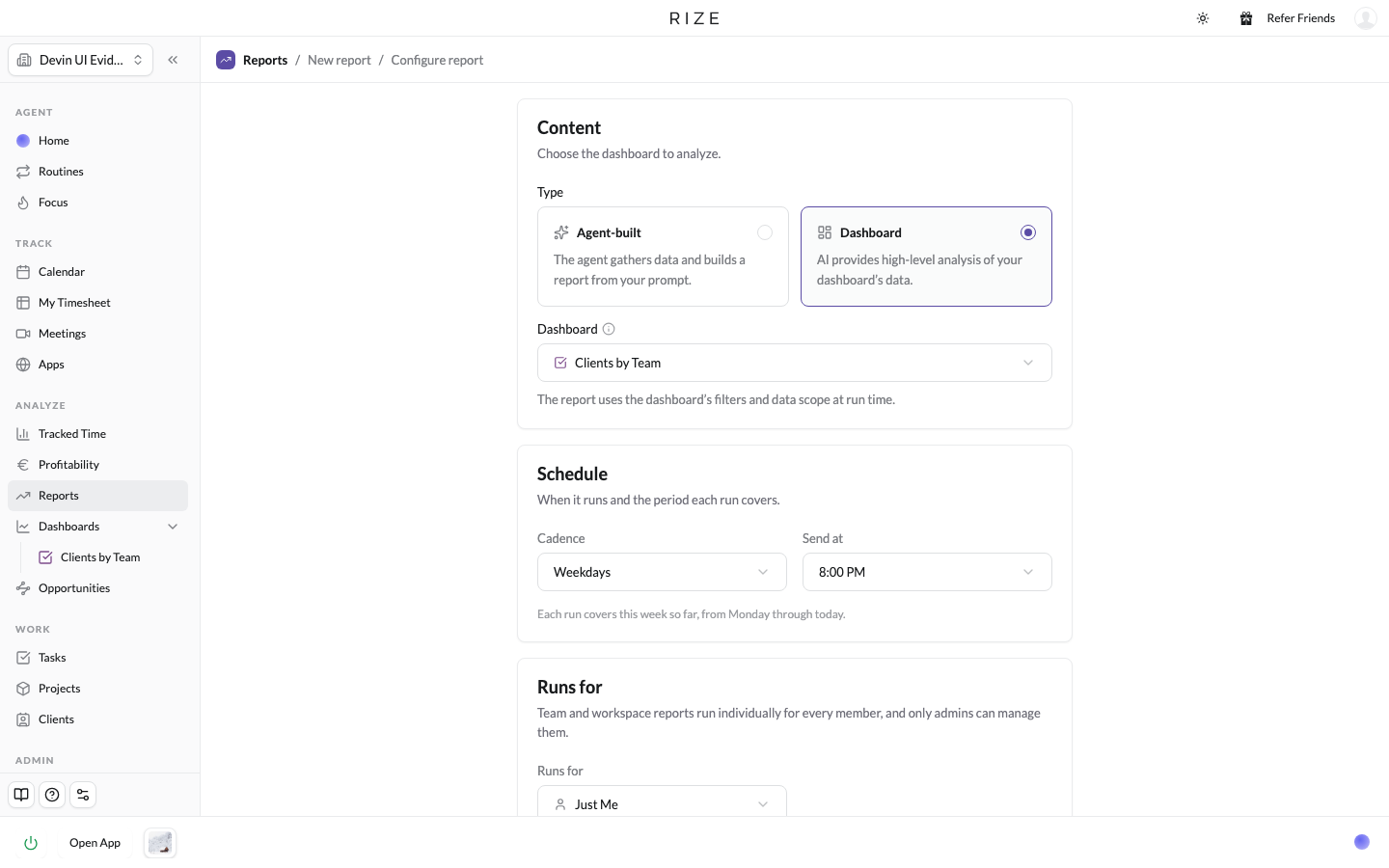 creating a weekly report linked to a saved dashboard