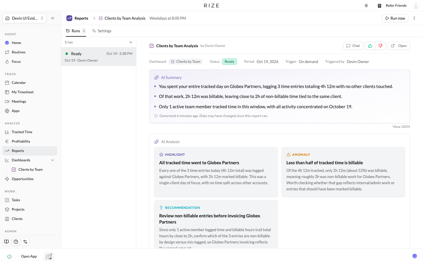 a report page with the run list on the left and the analysis in the middle
