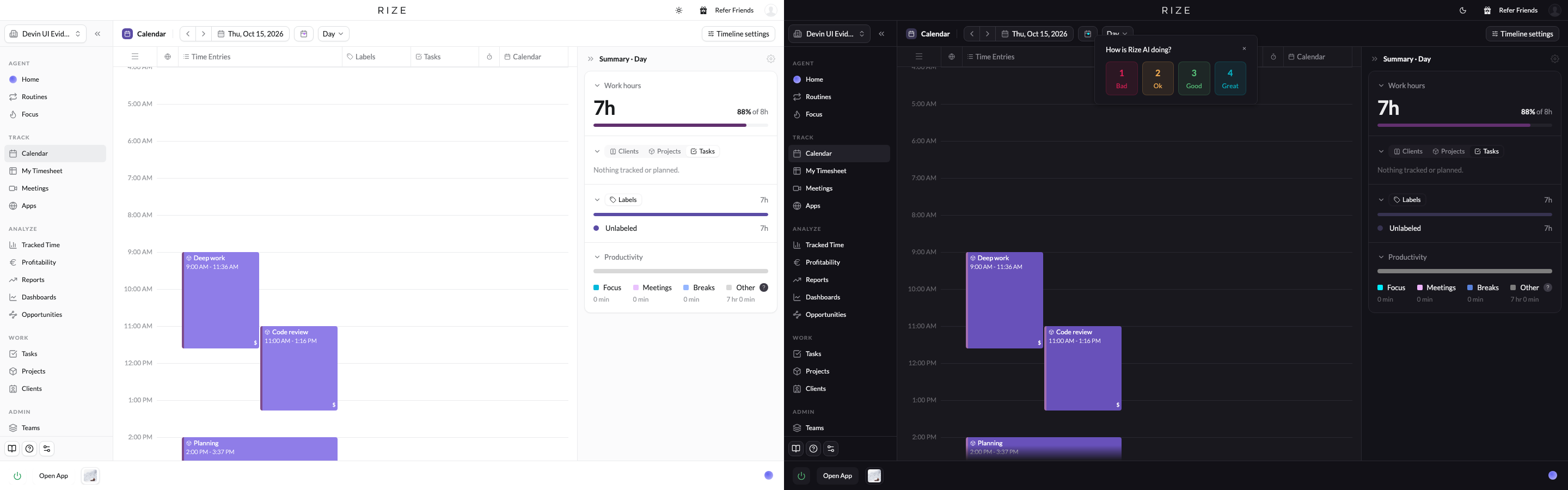 the Rize calendar in the new light and dark themes side by side