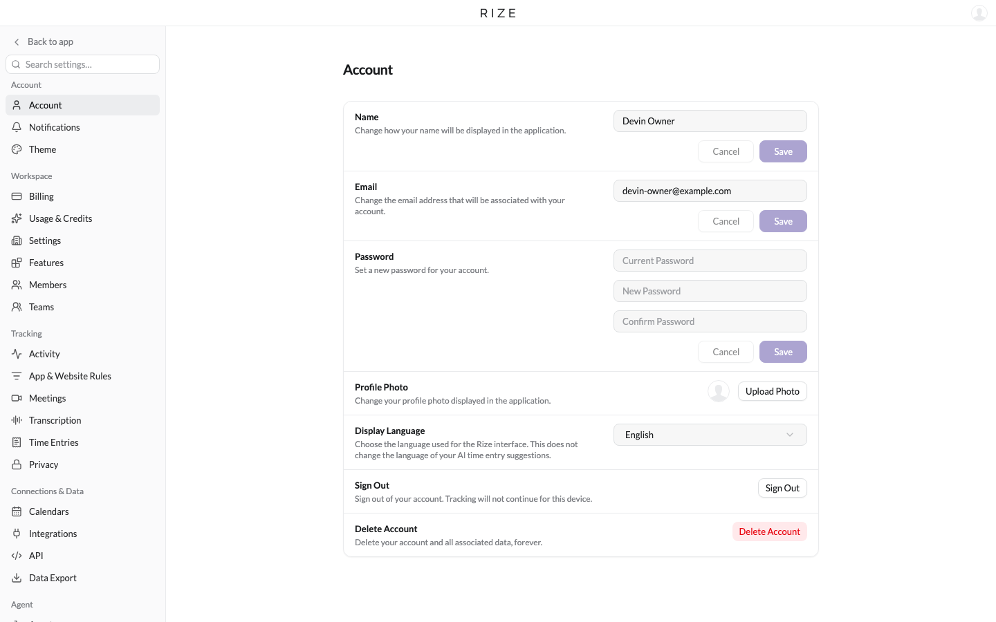 the new Settings page with sections down the left