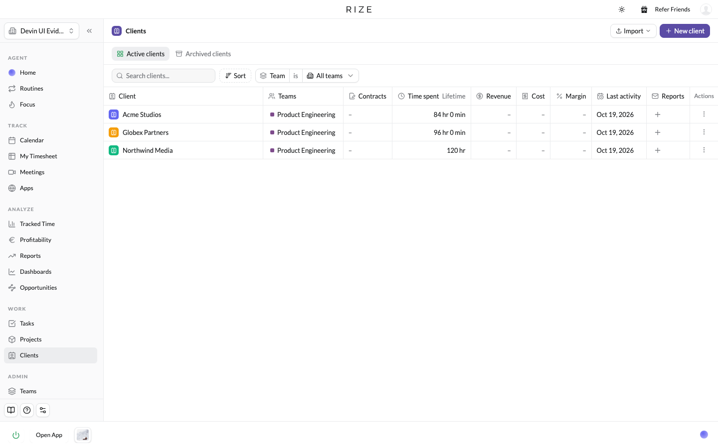 the Clients page as a table with teams, contracts, time spent, revenue, cost, and margin columns