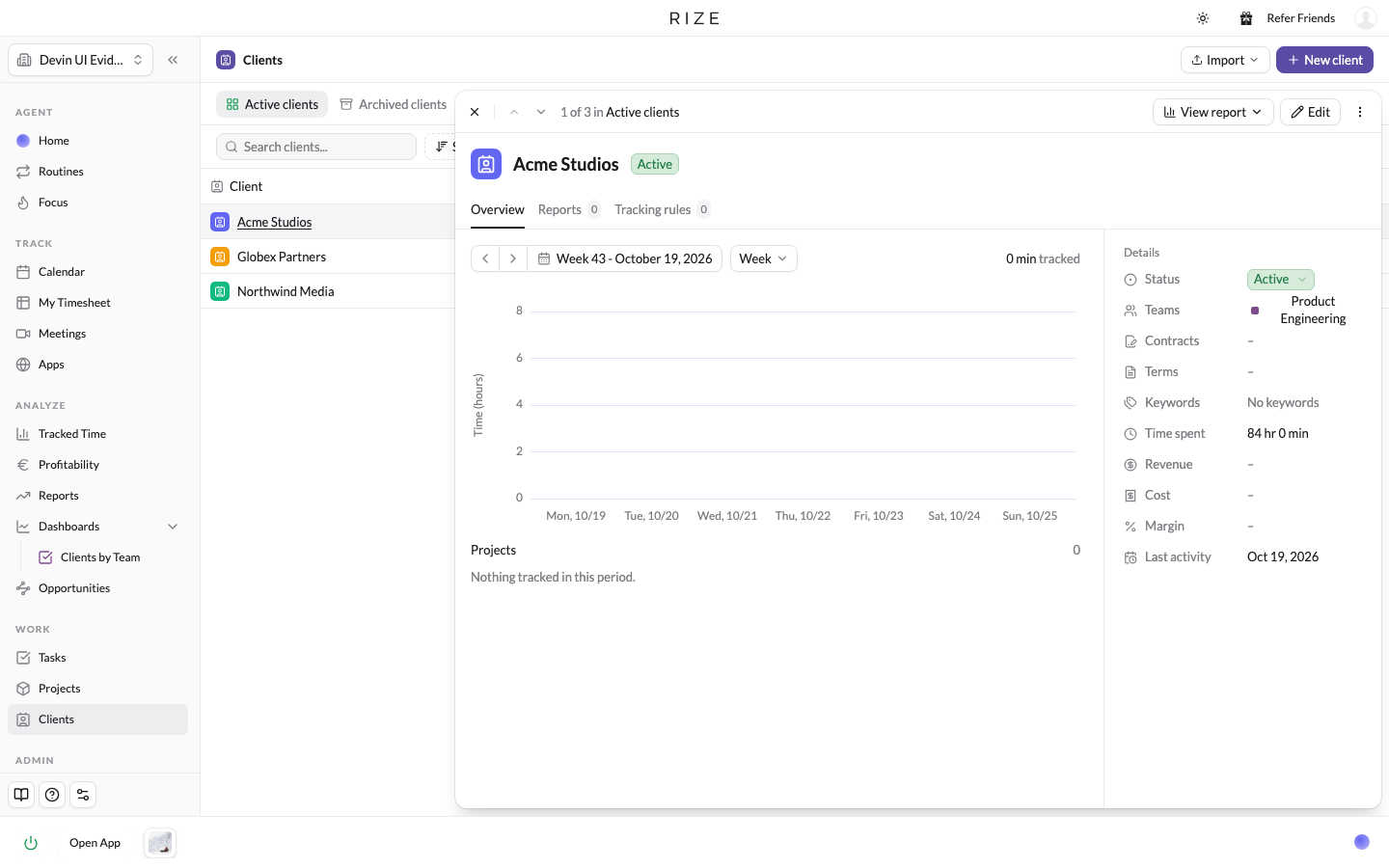 a client record open in the side sheet over the Clients table