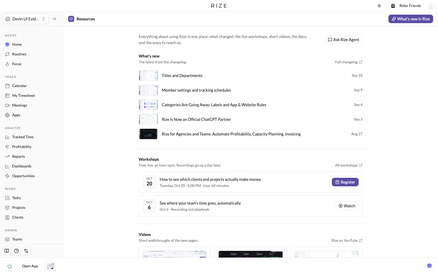 the Resources page with the changelog, workshops, videos, docs, and support