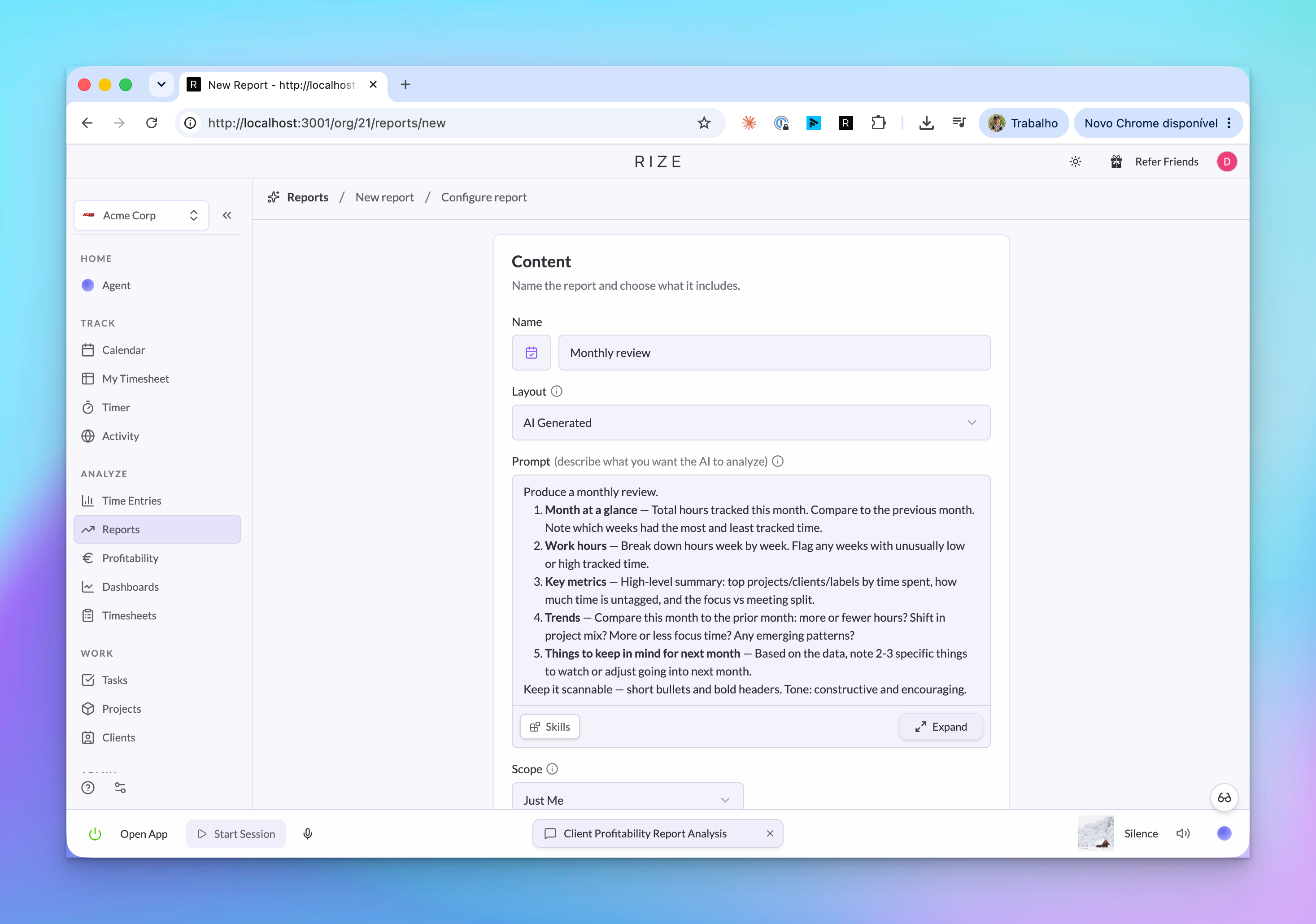 AI Report editor with prompt, scope, schedule, and delivery settings