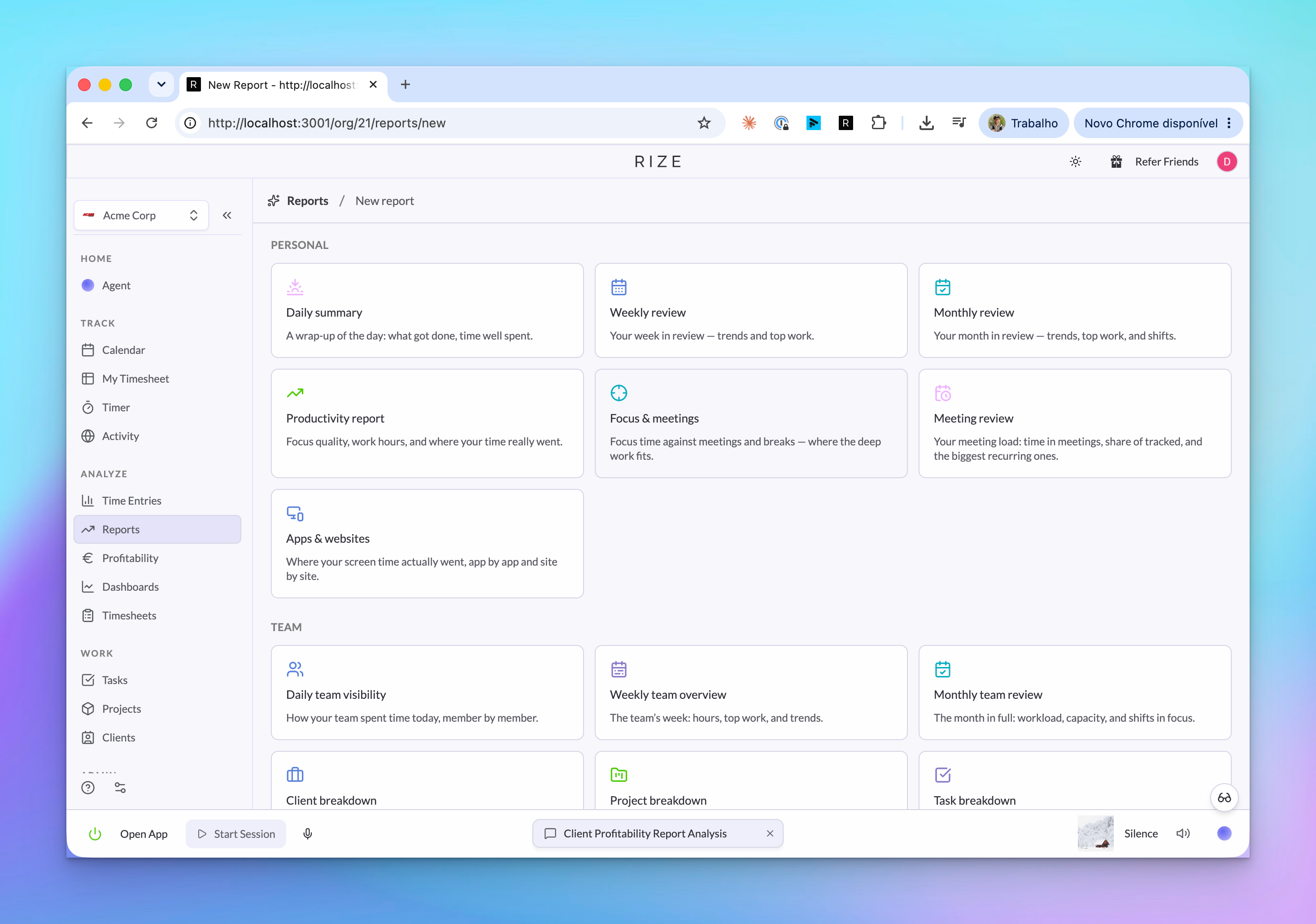 AI Reports template picker with weekly team overview and client profitability templates