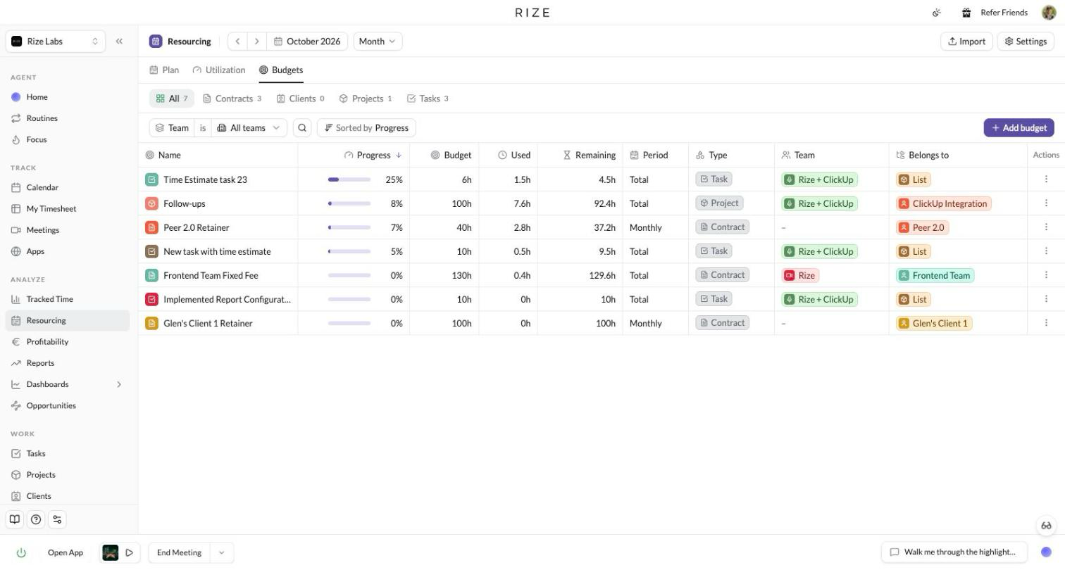 The Rize Resourcing Budgets tab listing client, project, task and contract hours budgets with a progress bar per row
