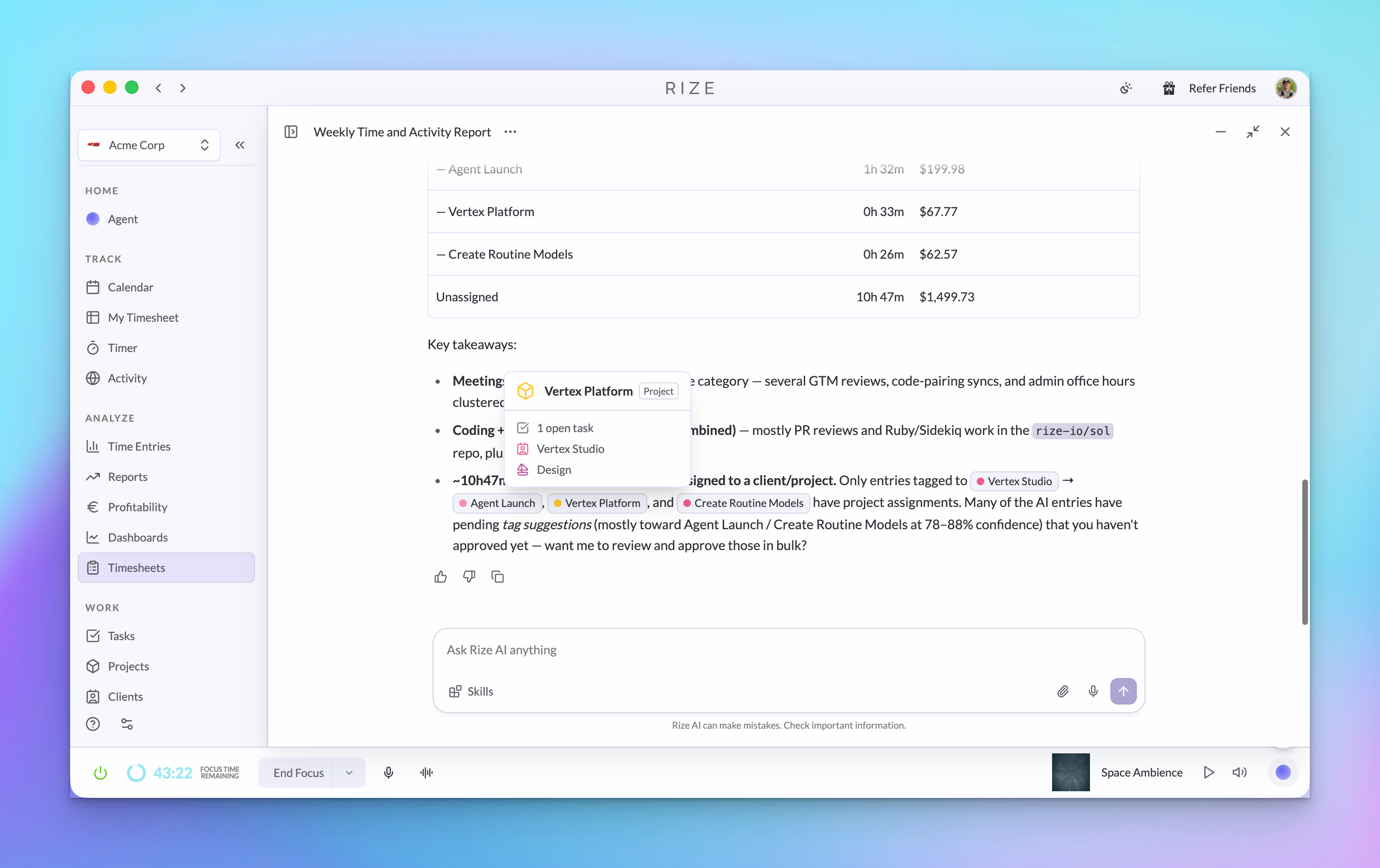 Rize Agent chat with preset prompts and the message composer